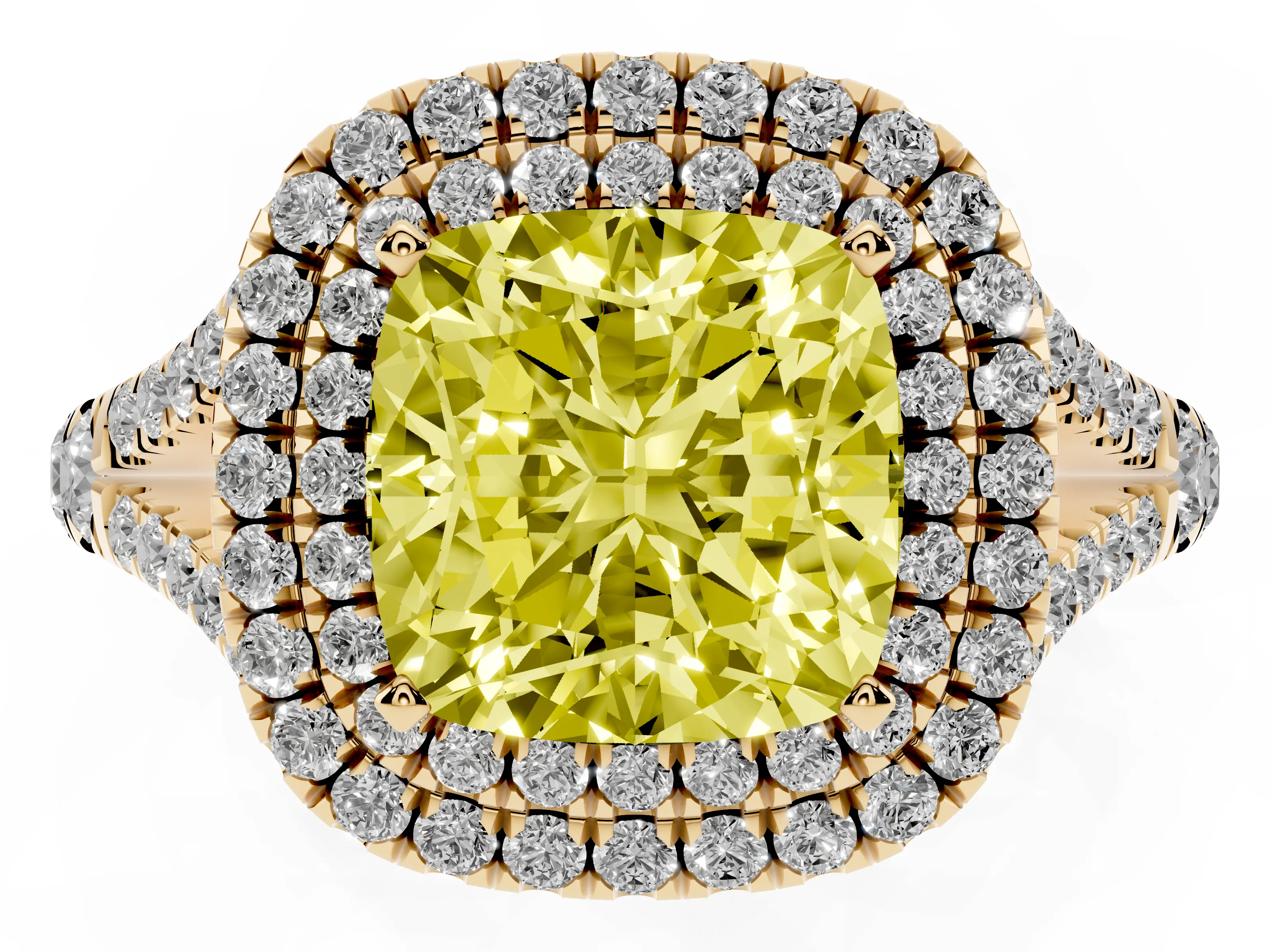 Fancy Yellow Cushion Cut Diamond Pavé Split Shank Double Halo Engagement Ring Set in Yellow gold