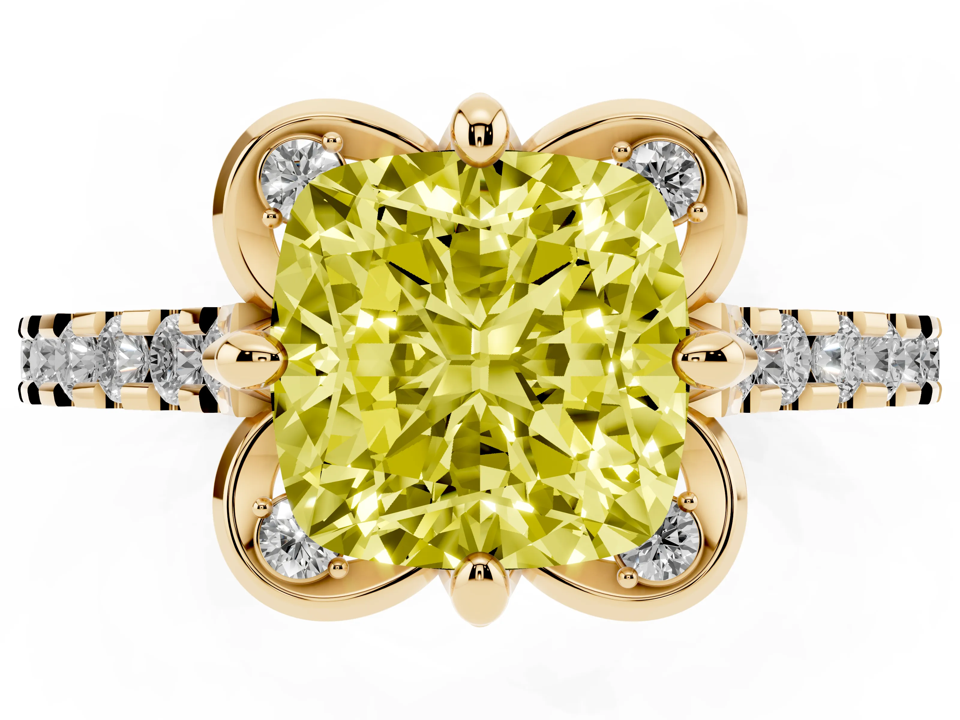 Fancy Yellow Cushion Cut Diamond Solitaire Ring Set in Yellow gold with Pavé Band and Floral Prong Setting
