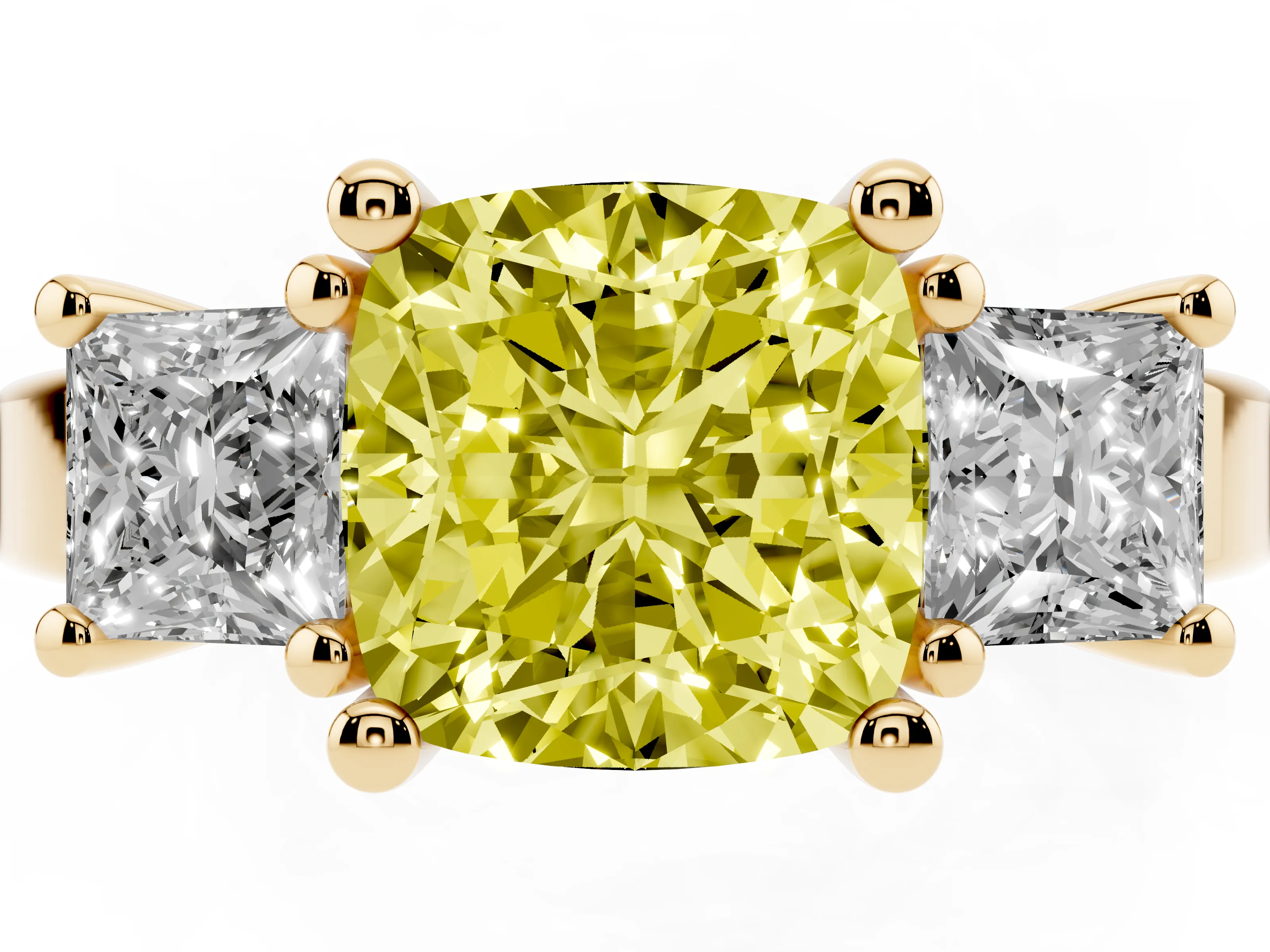 Fancy Yellow Three-Stone Cushion Cut Diamond Solitaire Ring Set in Yellow gold with Prong Setting