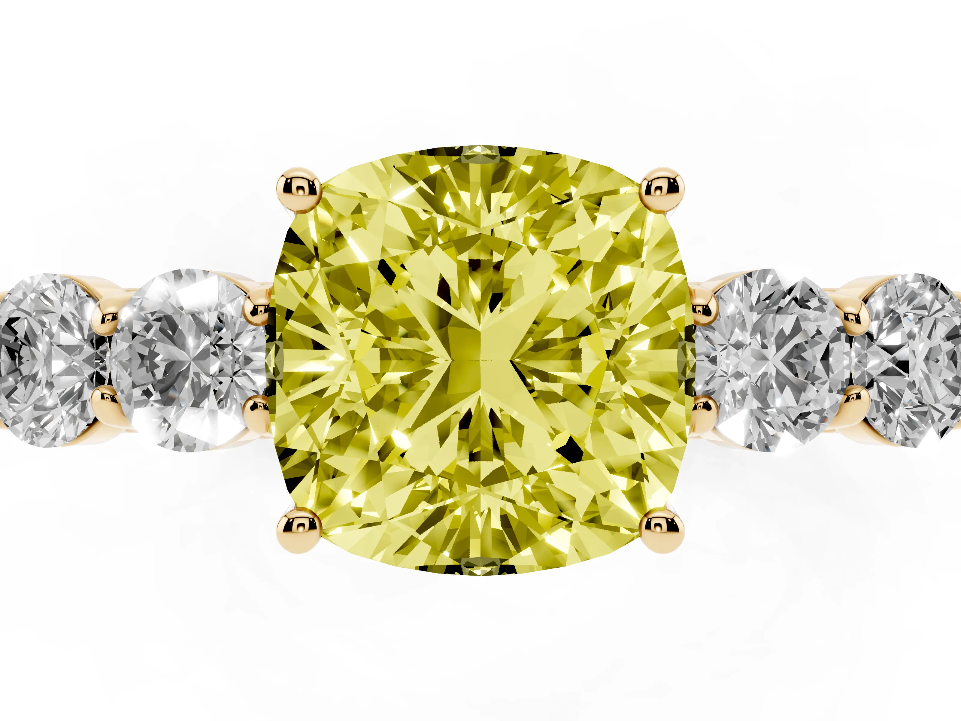 Fancy Yellow Cushion Cut Diamond Five-Stone Prong Set Band Ring Set in Yellow gold with Polished Band