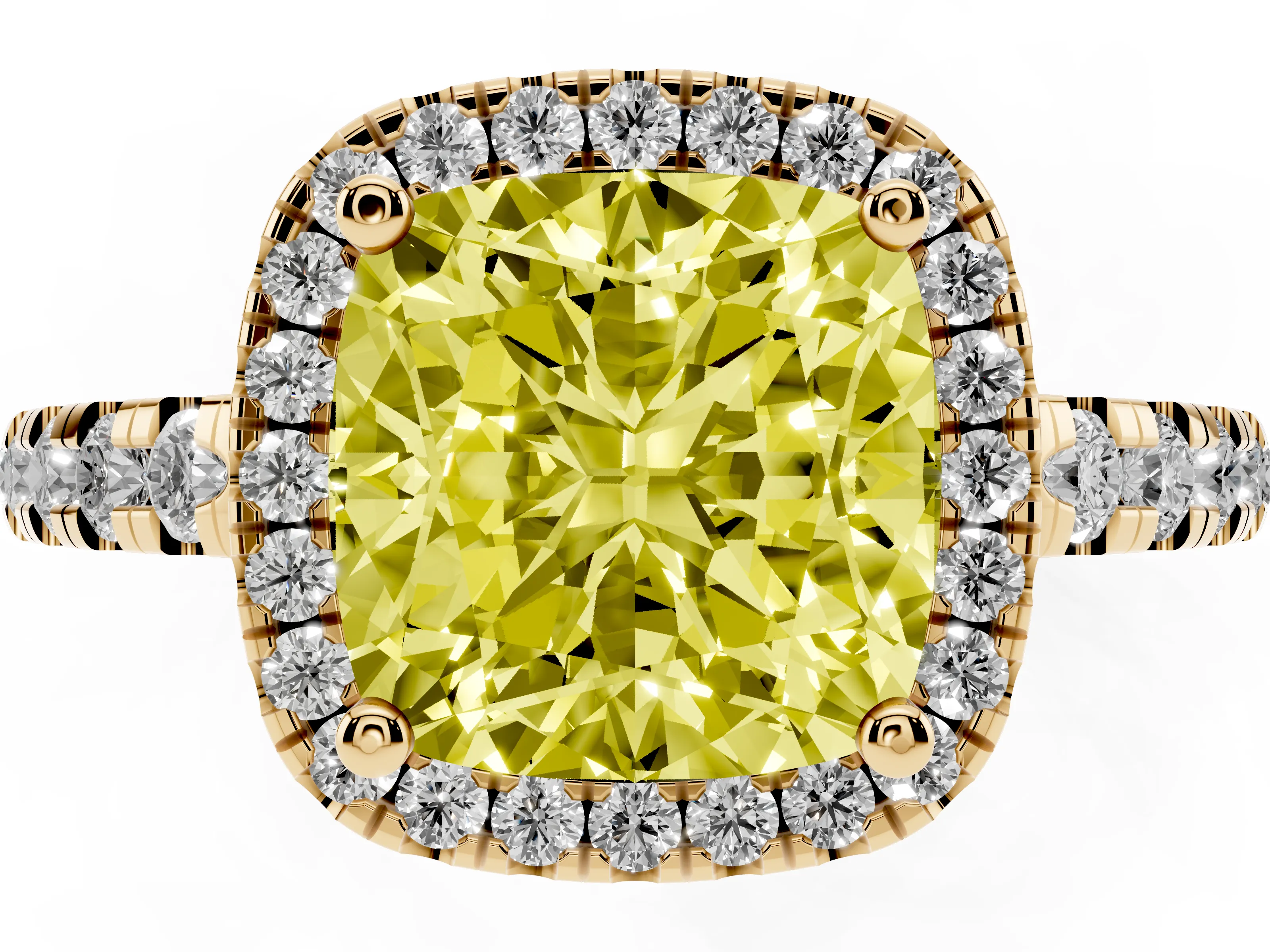 Fancy Yellow Cushion Cut Diamond Halo Ring Set in Yellow gold with Delicate Pavé Band and Prong Setting