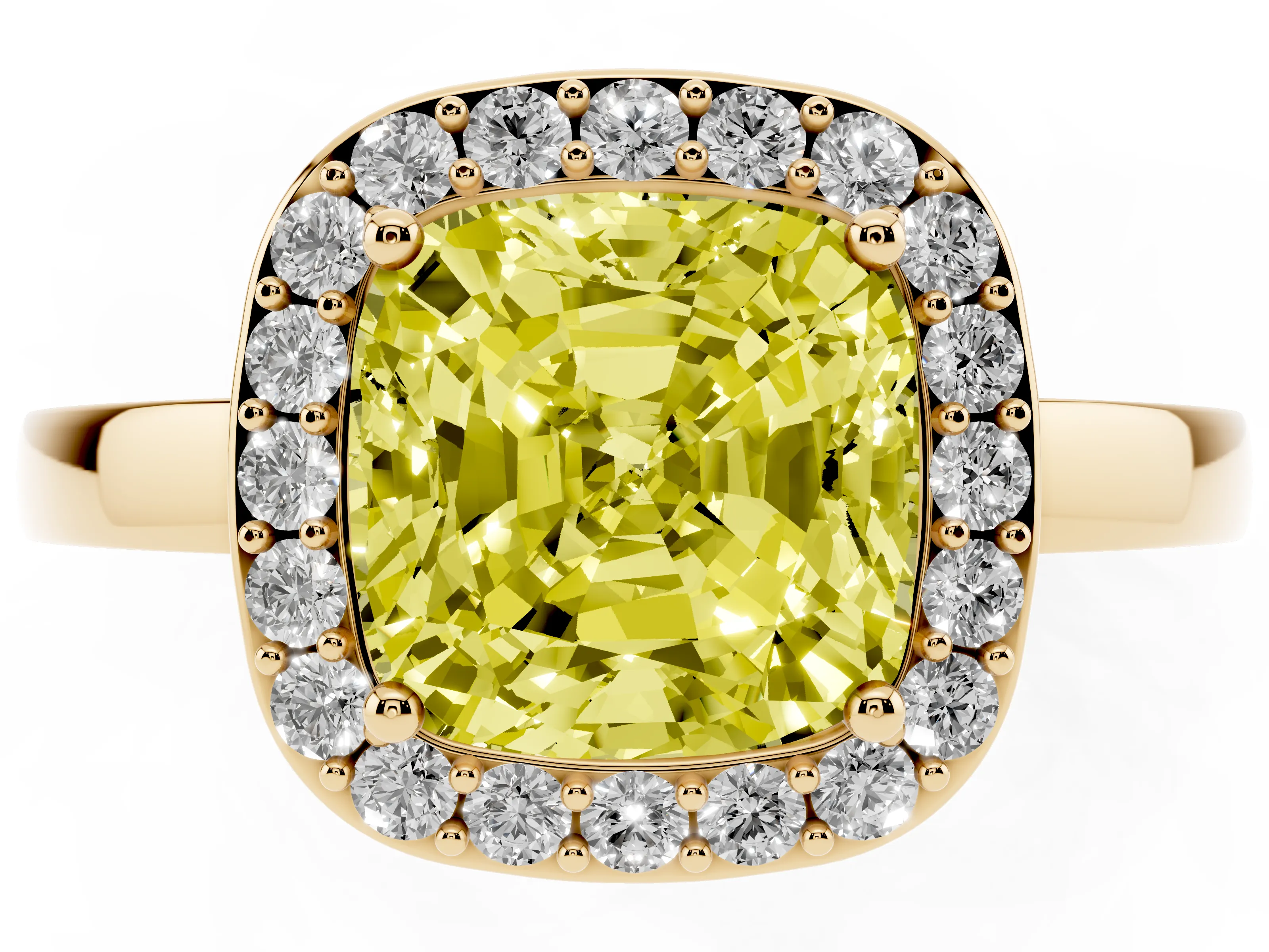 Fancy Yellow Cushion Cut Diamond Halo Ring Set in Yellow gold with Solitaire Band and Prong Setting