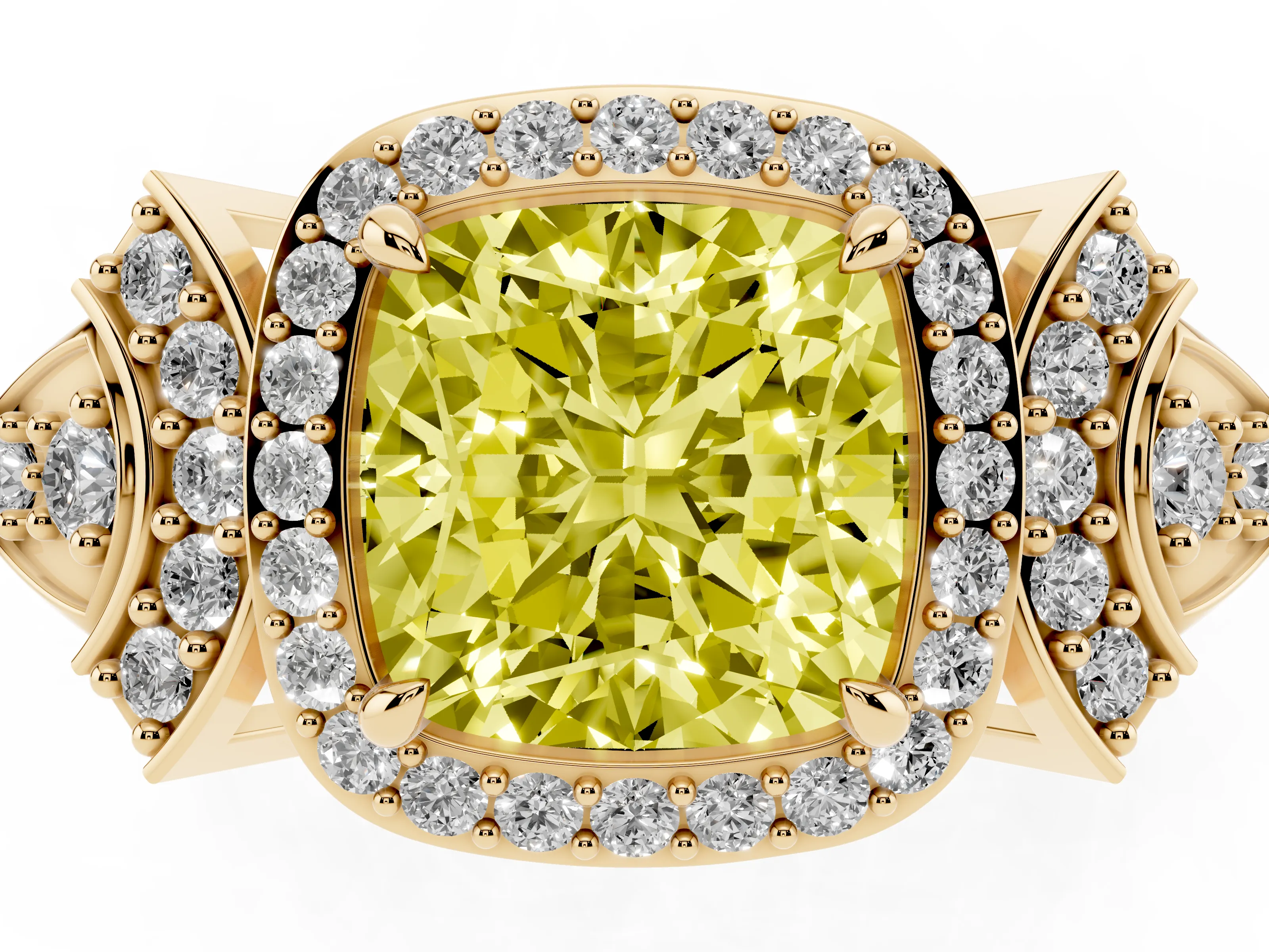 Fancy Yellow Cushion Cut Diamond Halo Engagement Ring Set in Yellow gold with Accent Stone Split Shank