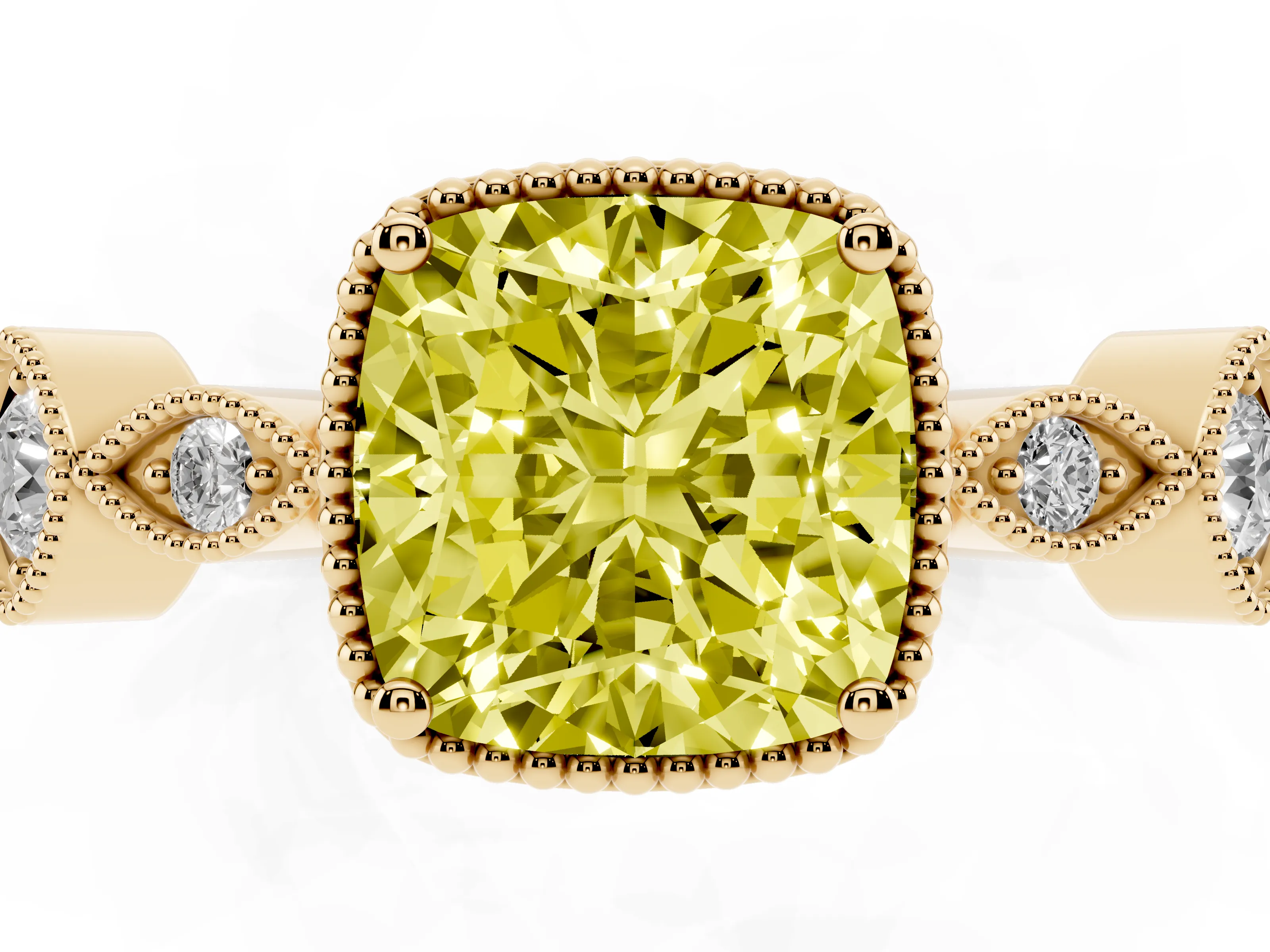 Fancy Yellow Cushion Cut Diamond Vintage-Inspired Milgrain Ring Set in Yellow gold with Marquise Stations of Round Accents