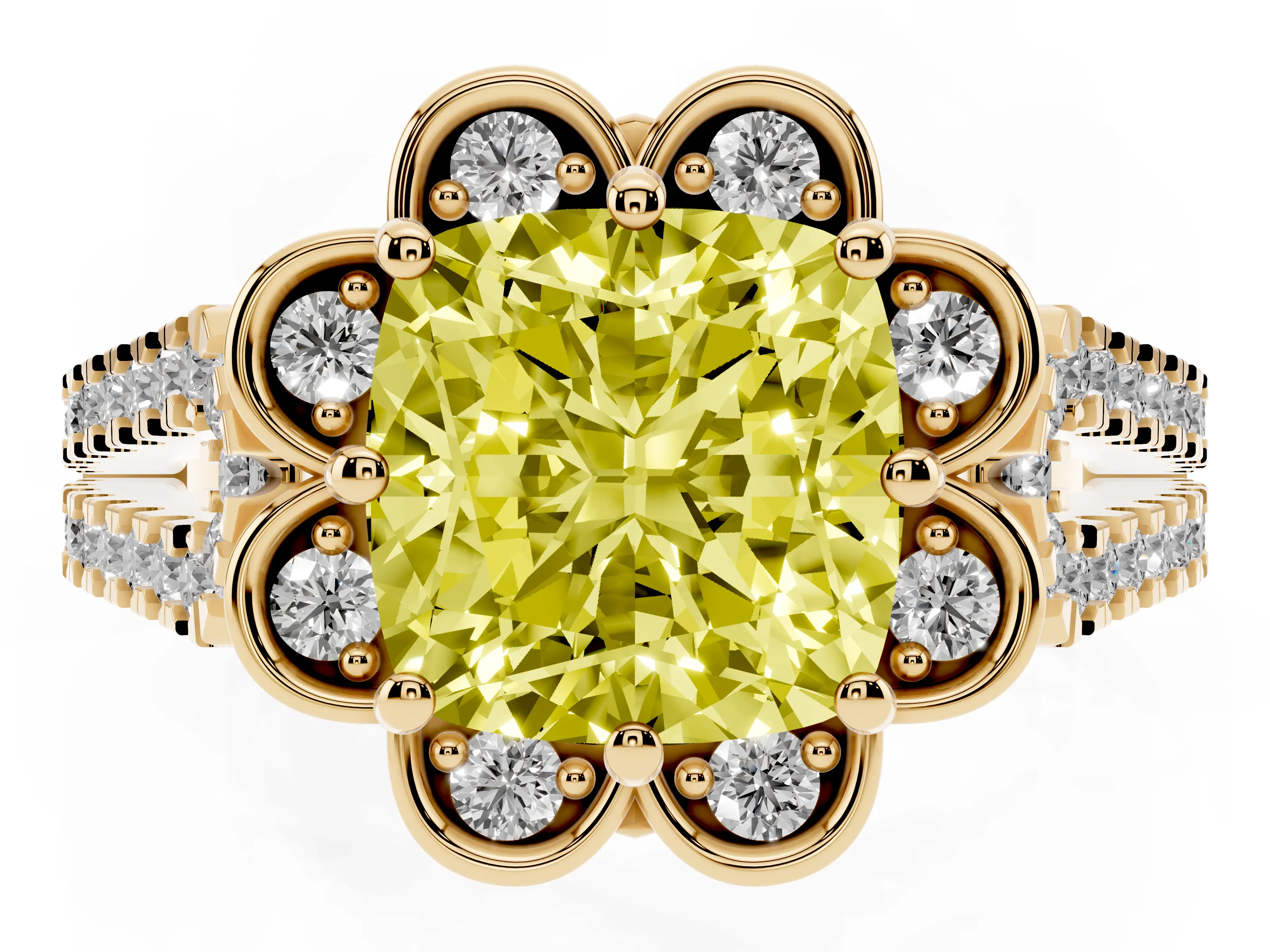 Fancy Yellow Cushion Cut Diamond Floral Halo Split Shank Engagement Ring Set in Yellow gold with Pavé Shank