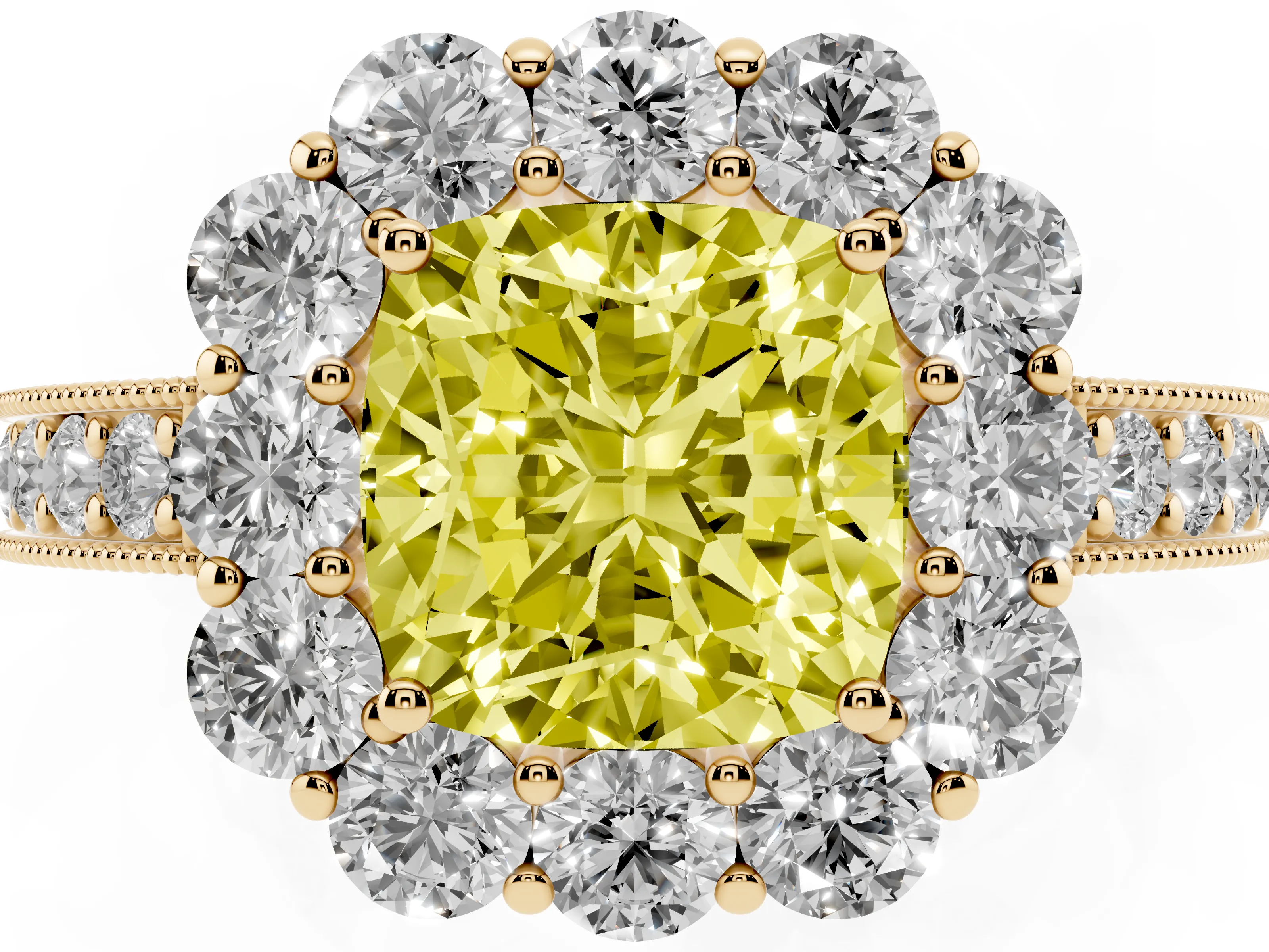 Fancy Yellow Cushion Cut Diamond Halo Pavé Engagement Ring Set in Yellow gold with Milgrain Detailing