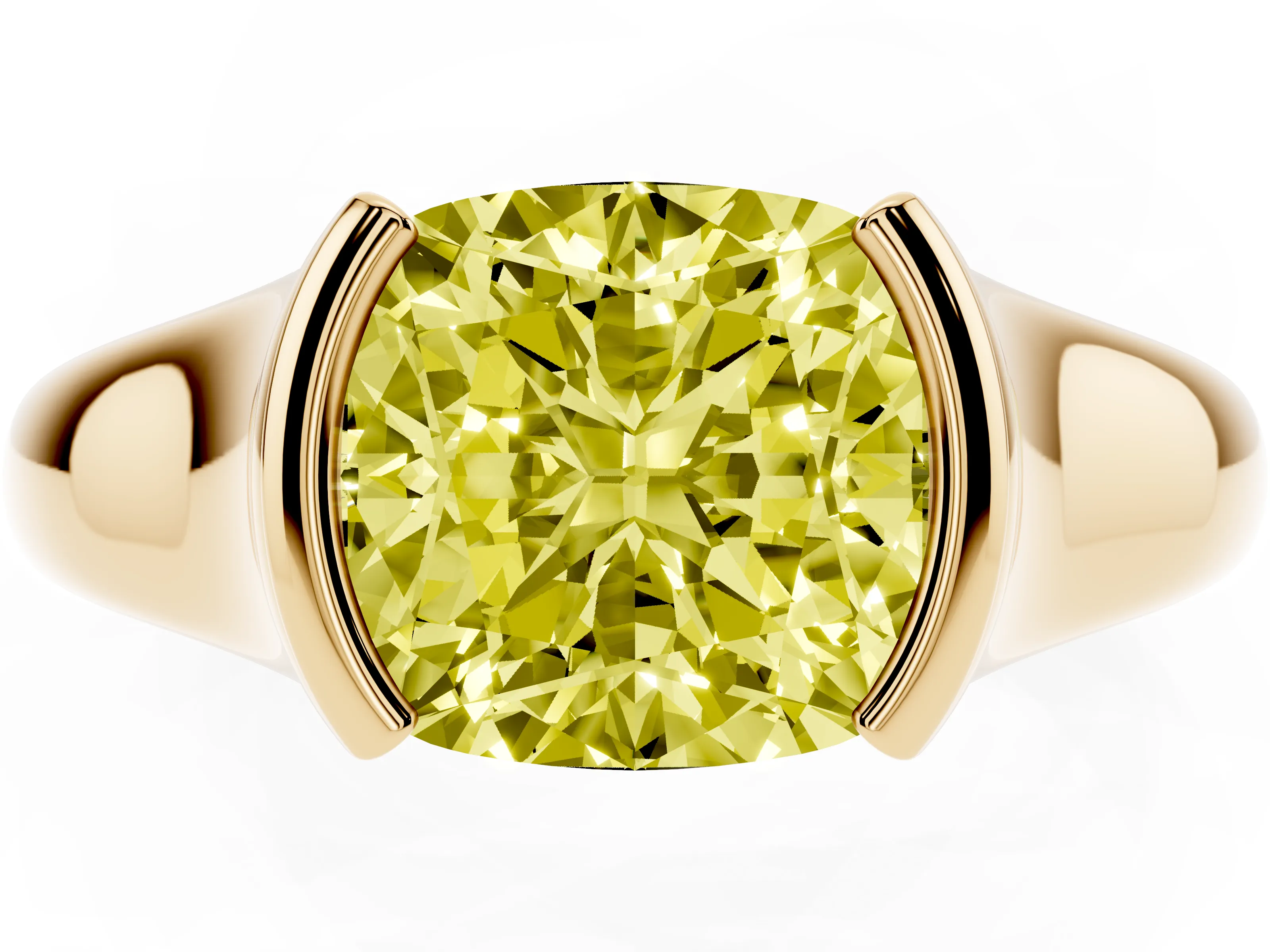 Fancy Yellow Cushion Cut Diamond Solitaire Tension Set Ring Set in Yellow gold with Split Shank Band