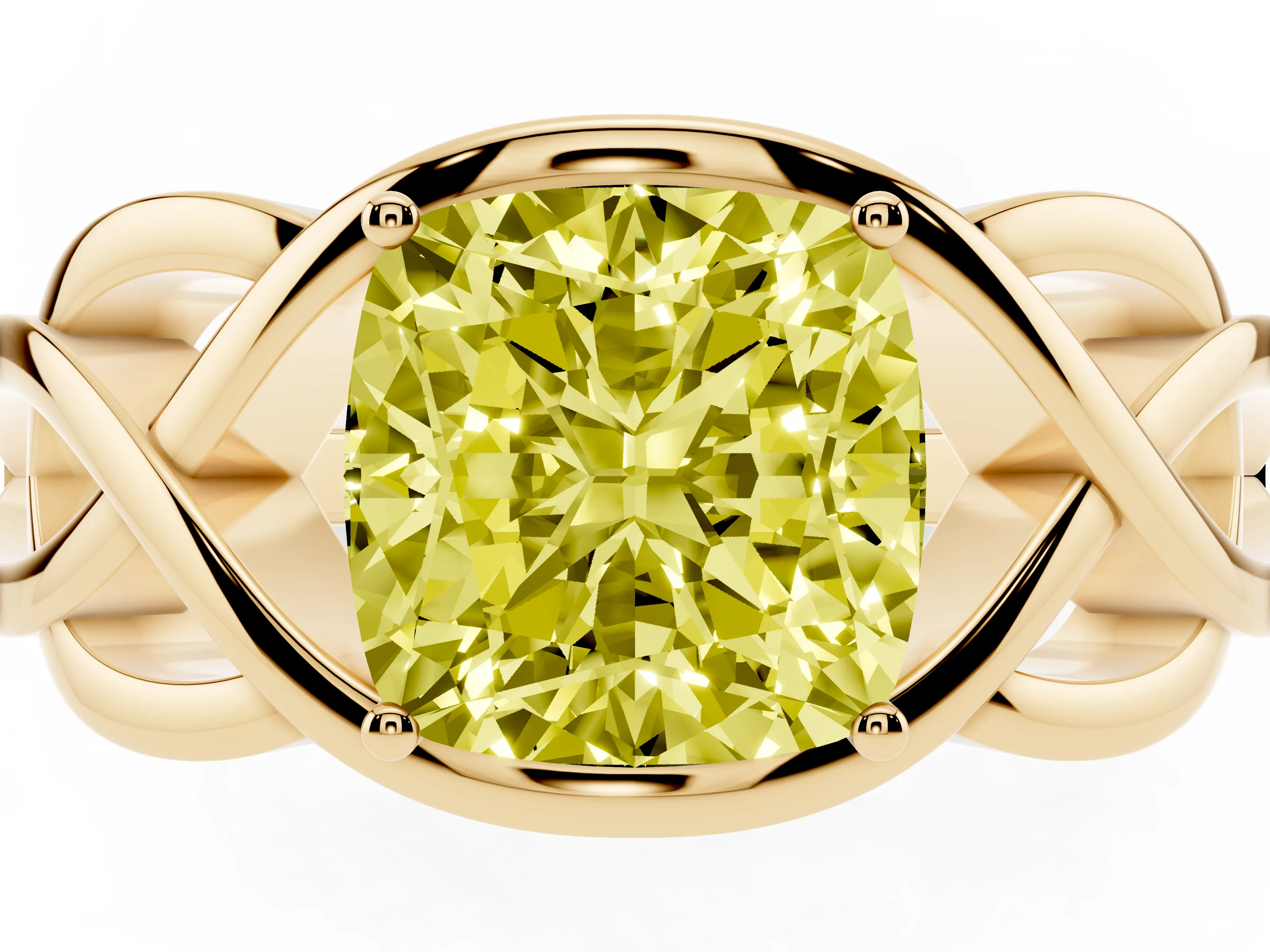 Fancy Yellow Cushion Cut Diamond Solitaire Ring Set in Yellow gold with Intertwined Band