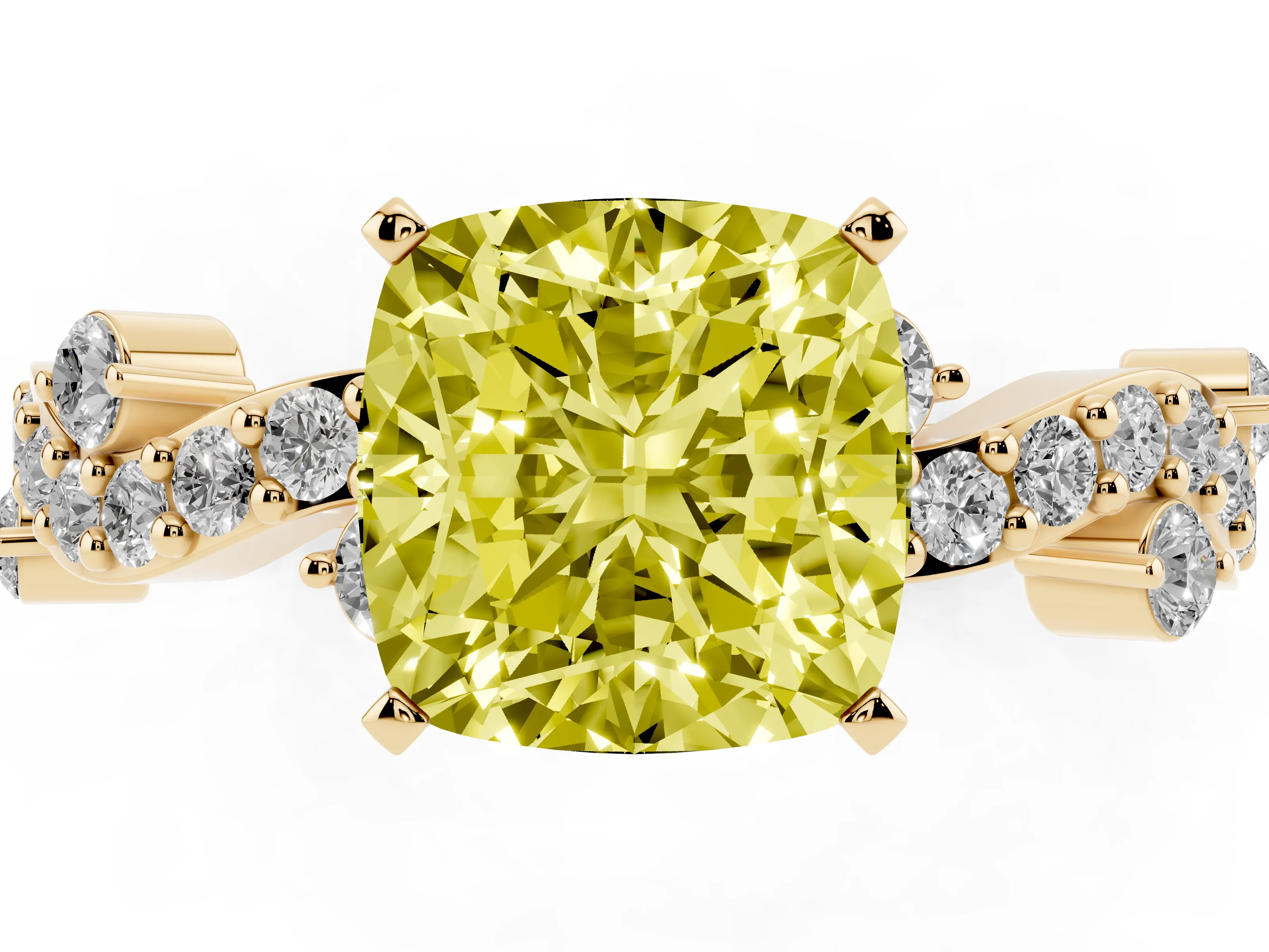 Fancy Yellow Cushion Cut Diamond Solitaire Twisted Band Set in Yellow gold with Pavé Setting
