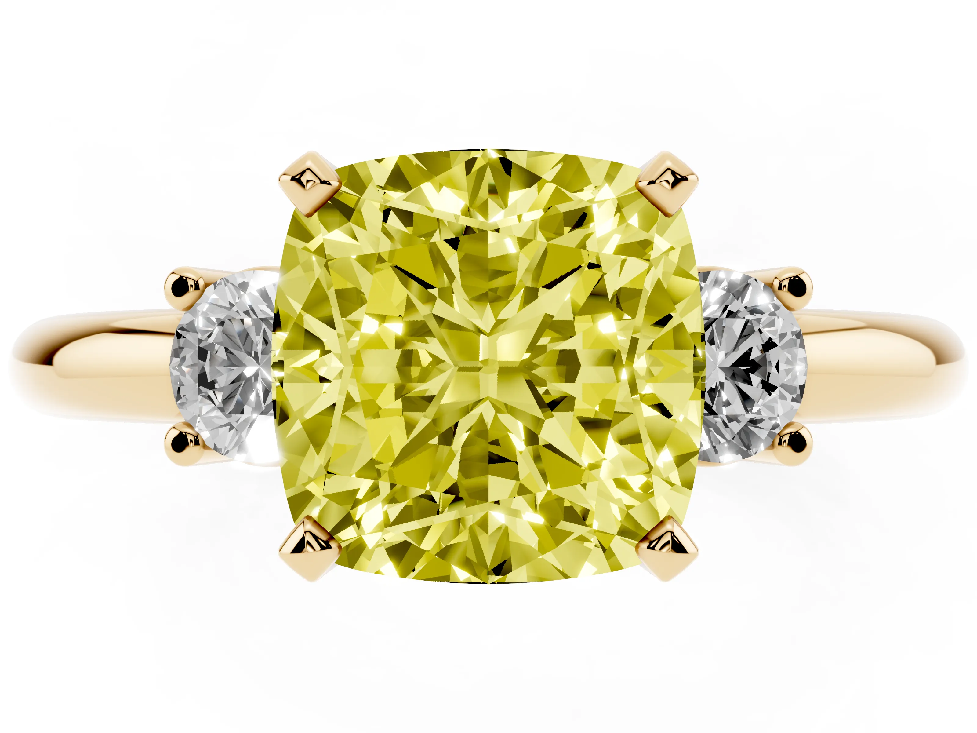 Fancy Yellow Three-Stone Cushion Cut Diamond Ring Set in Yellow gold with Prong Setting and Plain Band