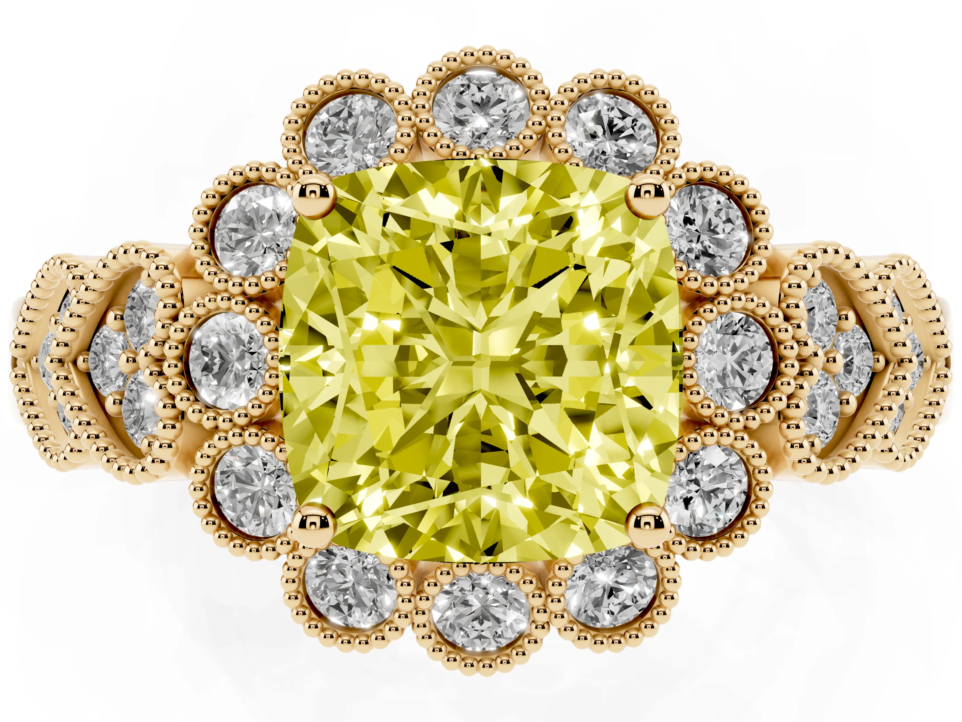 Fancy Yellow Cushion Cut Diamond Solitaire Ring Set in Yellow gold with Milgrain Pavé Heart Band
