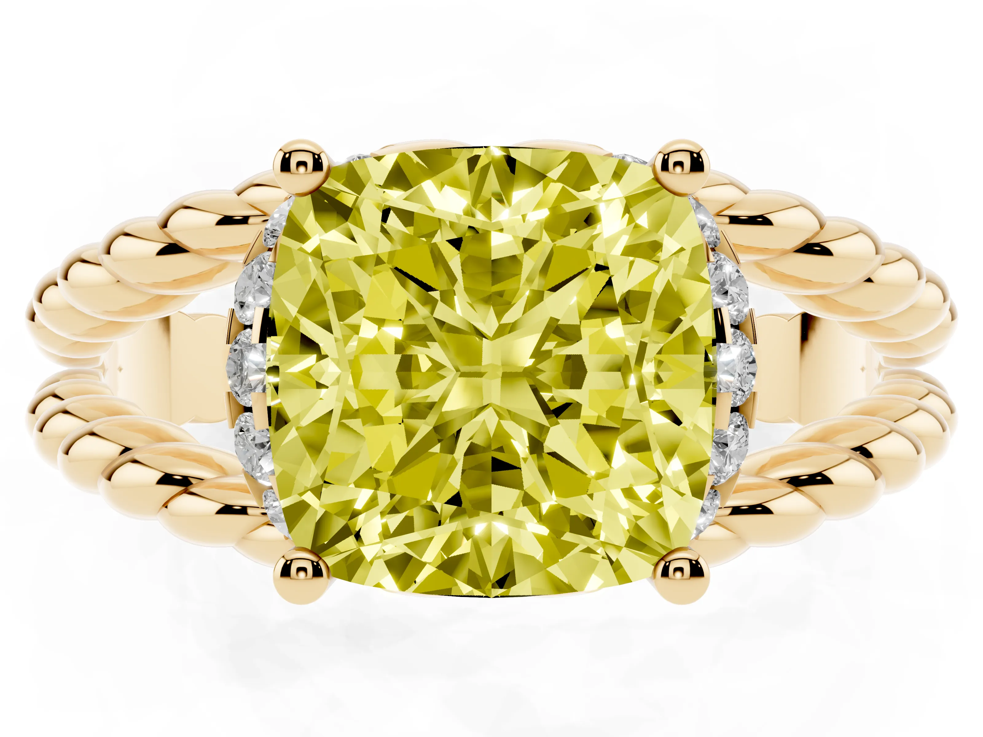 Fancy Yellow Cushion Cut Diamond Halo Ring Set in Yellow gold with Twisted Band and Prong Setting