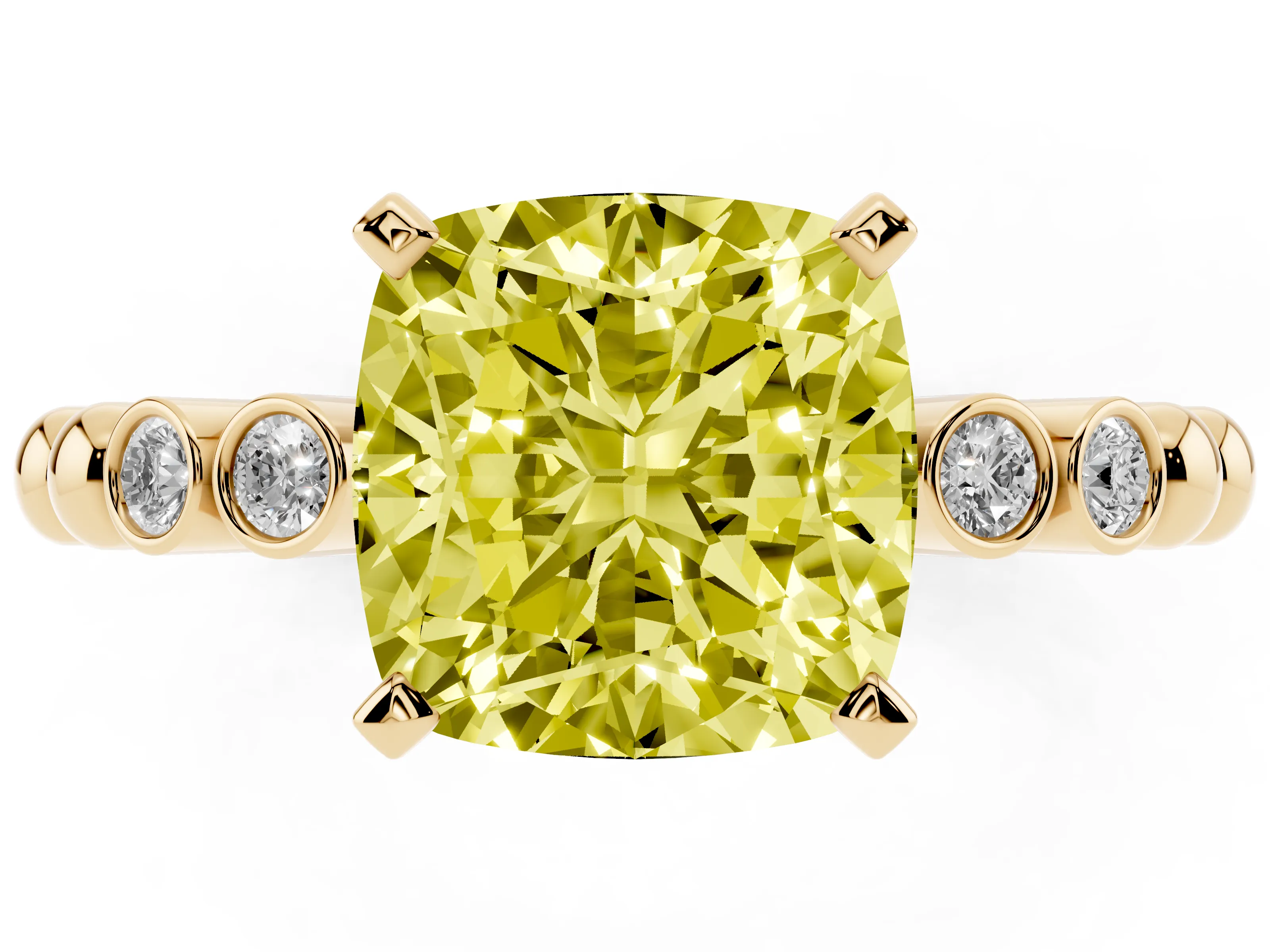 Fancy Yellow Cushion Cut Diamond Solitaire Engagement Ring Set in Yellow gold with Bezel Accents on Beaded Band