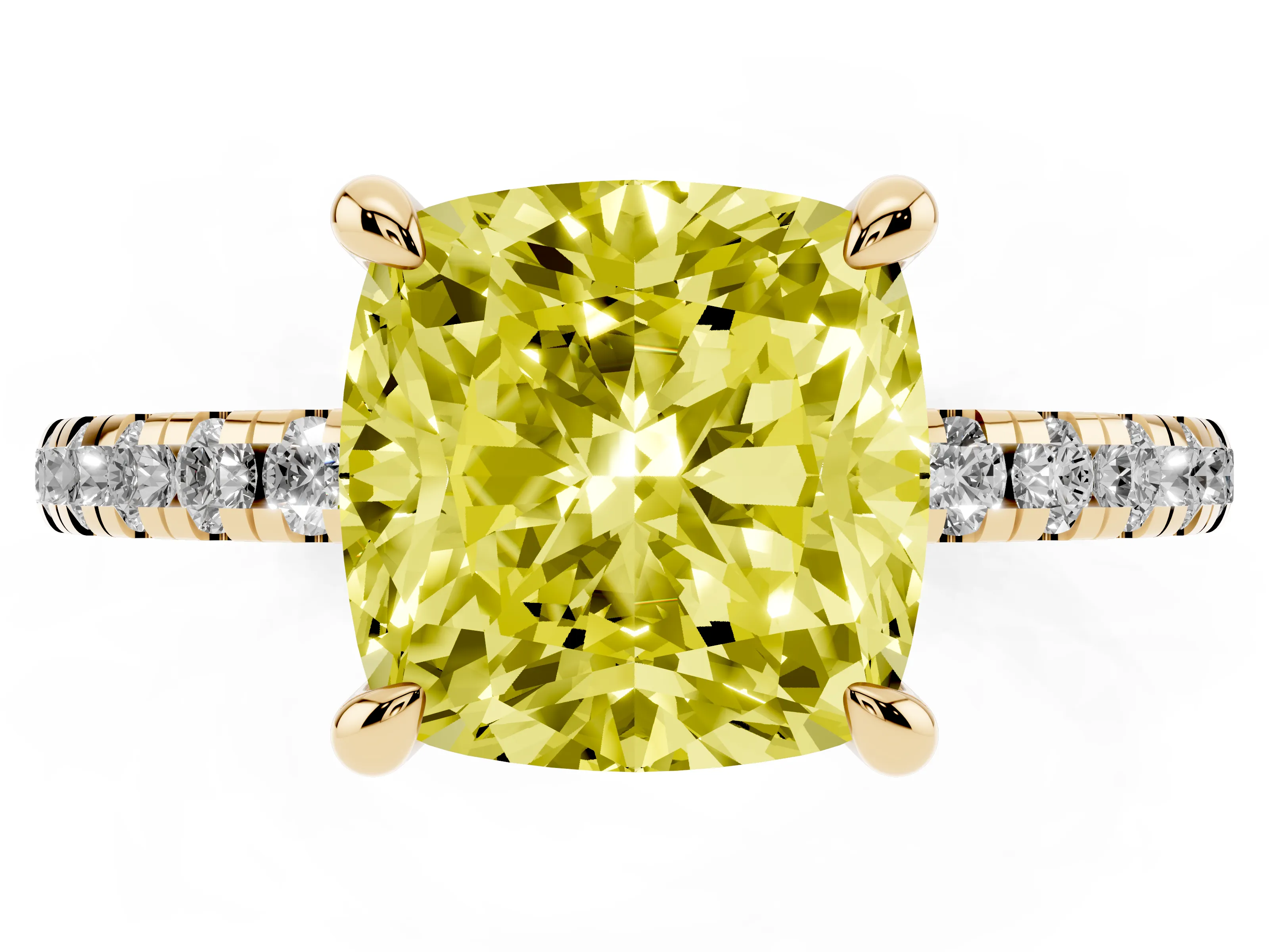 Fancy Yellow Cushion Cut Diamond Brilliant Solitaire Ring Set in Yellow gold with Pavé Band and Prong Setting