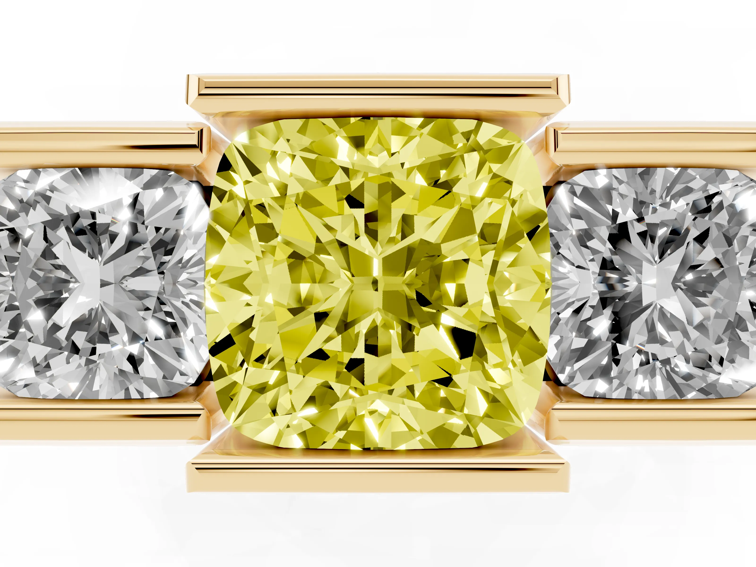 Fancy Yellow Cushion Cut Diamond Three-Stone Channel Set Ring Set in Yellow gold with Smooth Polished Band