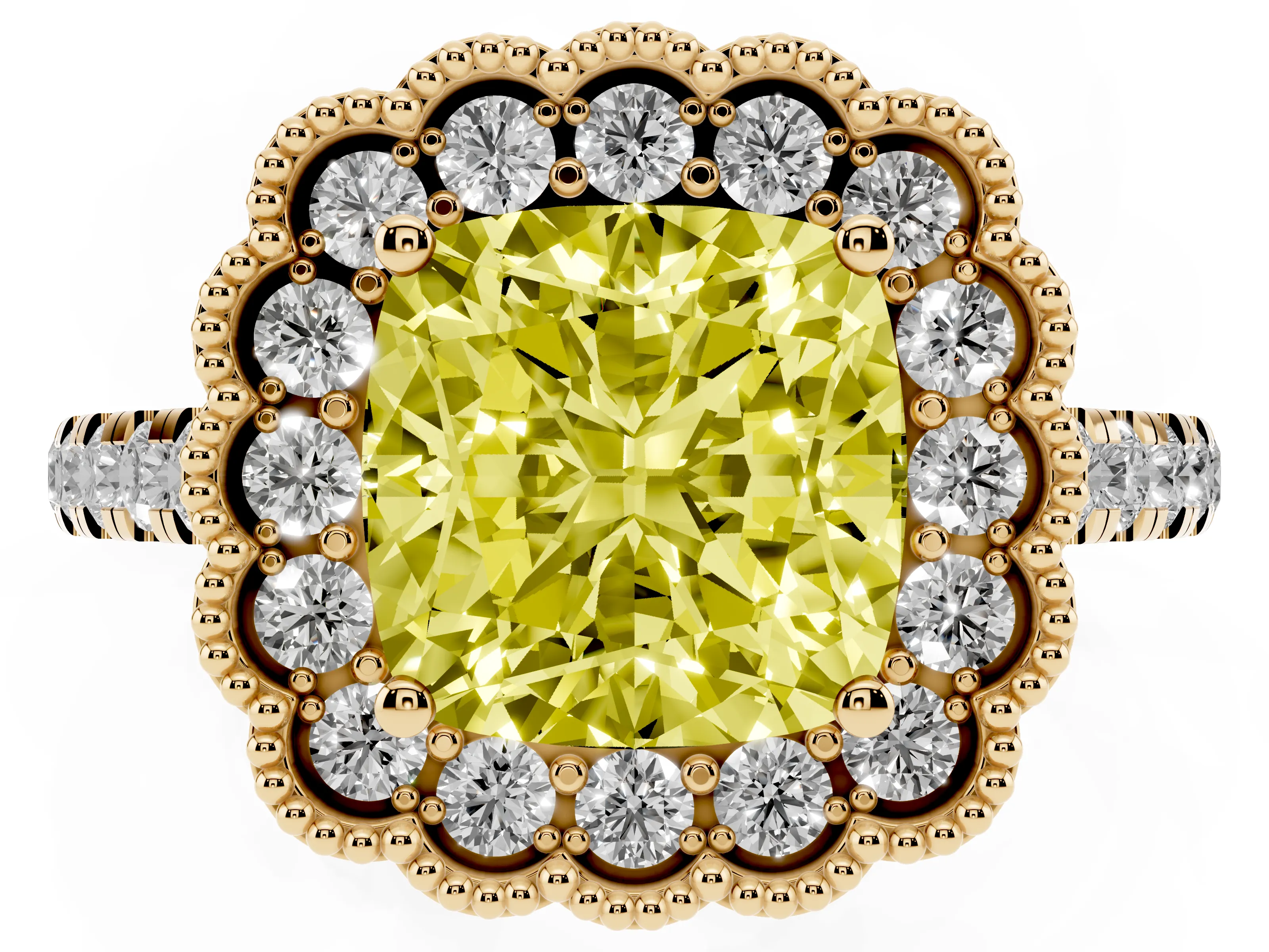 Fancy Yellow Cushion Cut Diamond Milgrain Floral Halo Engagement Ring Set in Yellow gold with Pavé Band