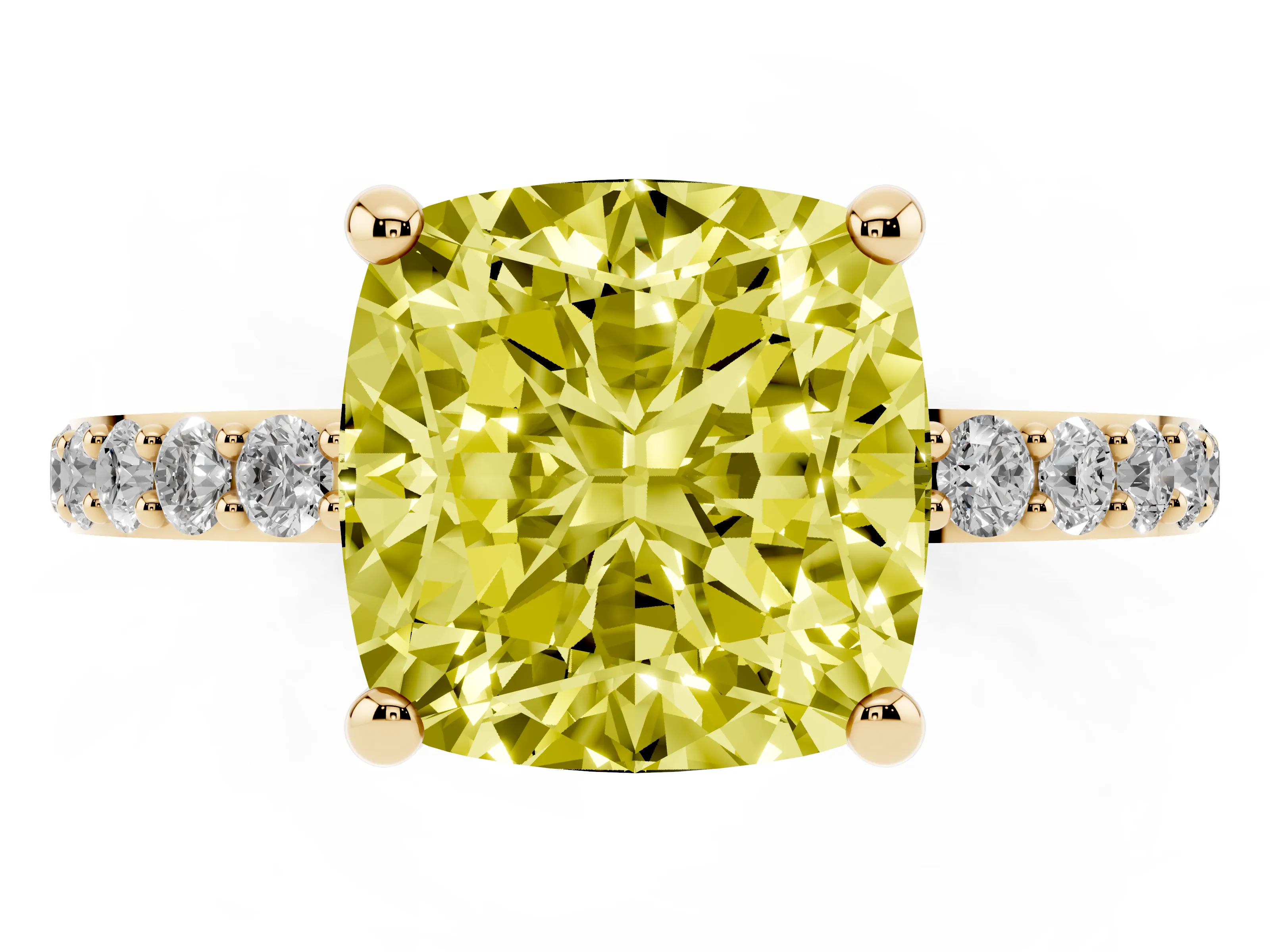 Fancy Yellow Cushion Cut Diamond Solitaire Ring Set in Yellow gold with Round Pavé Band and Prong Setting