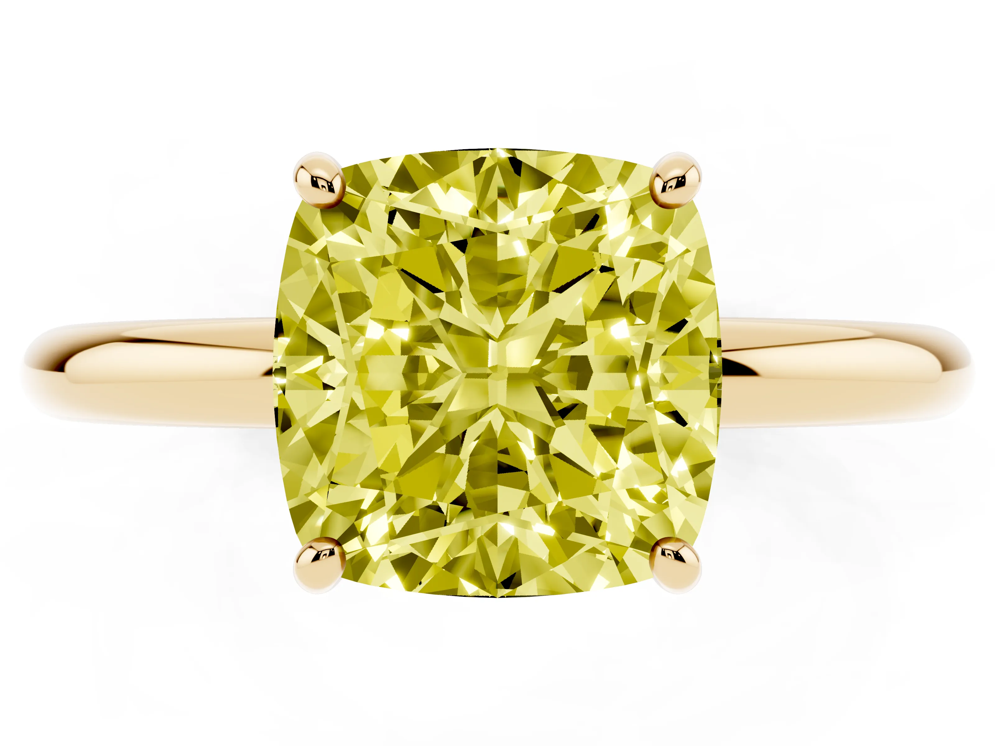 Fancy Yellow Cushion Cut Diamond Solitaire Ring Set in Yellow gold with Prong Setting on a Polished Plain Band