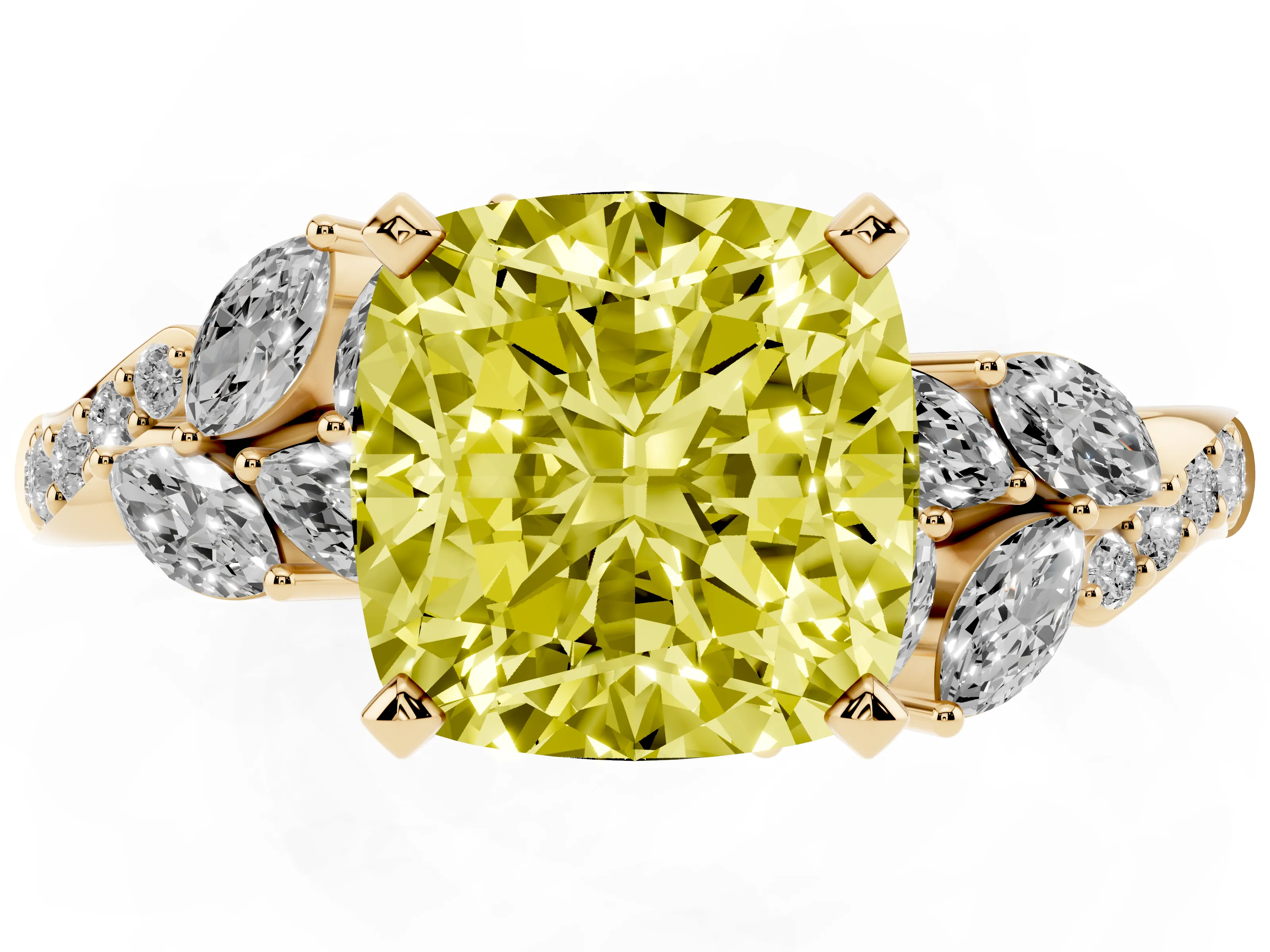 Fancy Yellow Cushion Cut Diamond Solitaire Ring Set in Yellow gold with Marquise Twist Band and Prong Setting