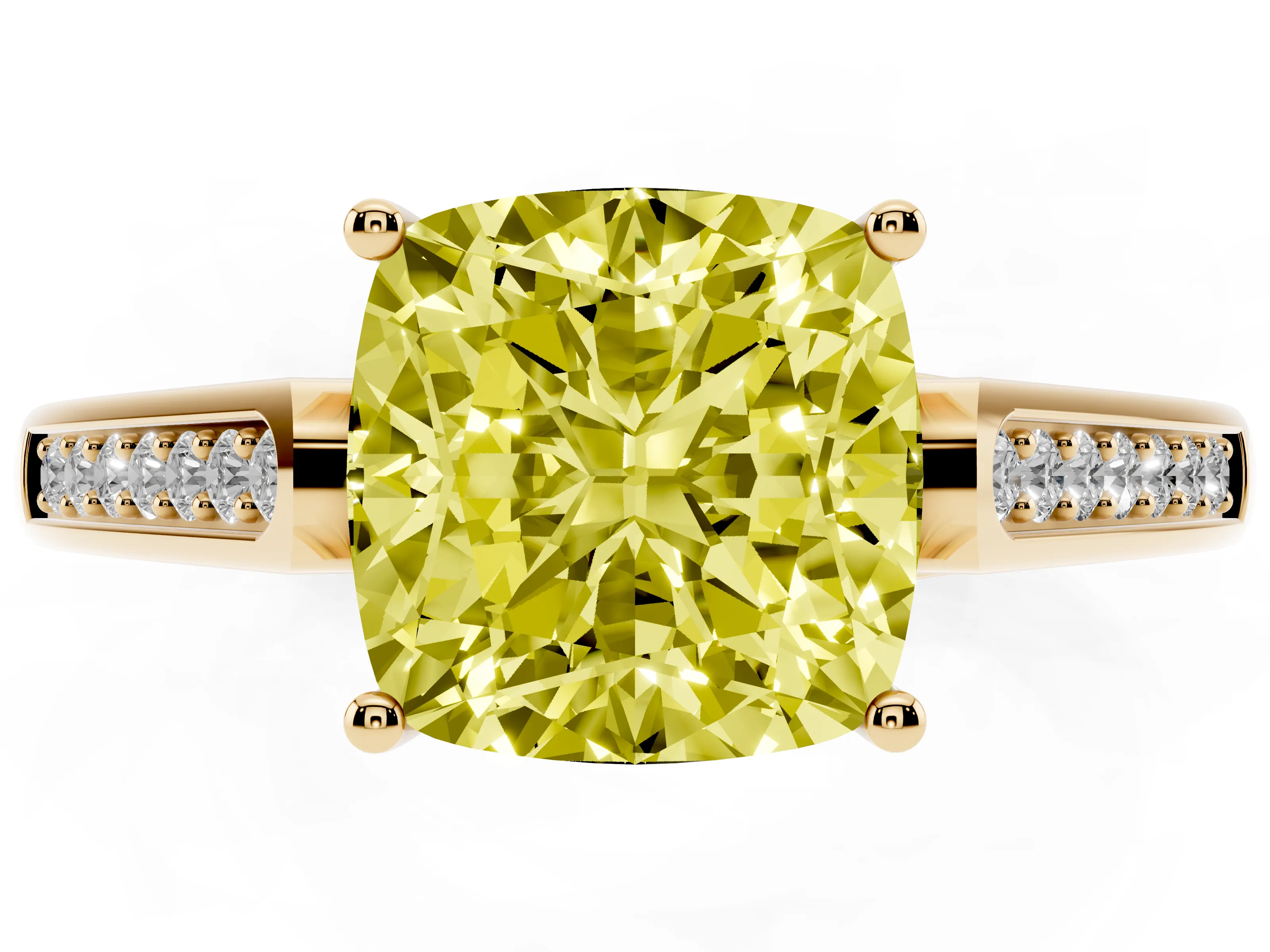 Fancy Yellow Cushion Cut Diamond Solitaire Cathedral Engagement Ring Set in Yellow gold with Channel-Set Band and Prong Setting