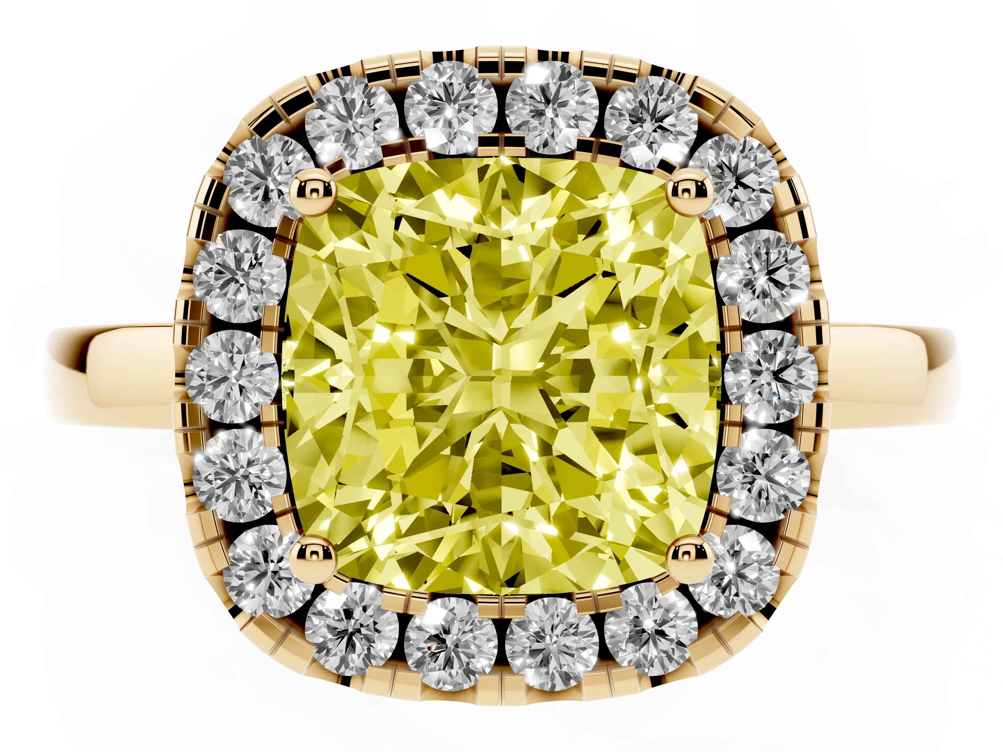 Fancy Yellow Cushion Cut Diamond Halo Solitaire Ring Set in Yellow gold with Pavé Band and Prong Setting