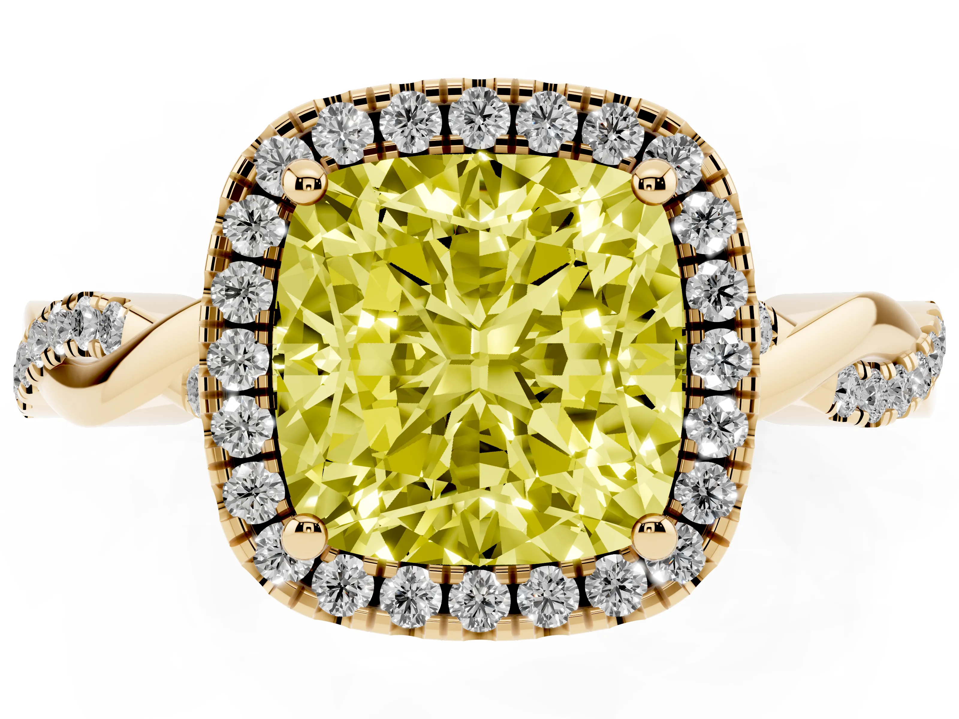 Fancy Yellow Cushion Cut Diamond Halo Twisted Band Ring Set in Yellow gold with Prong Setting