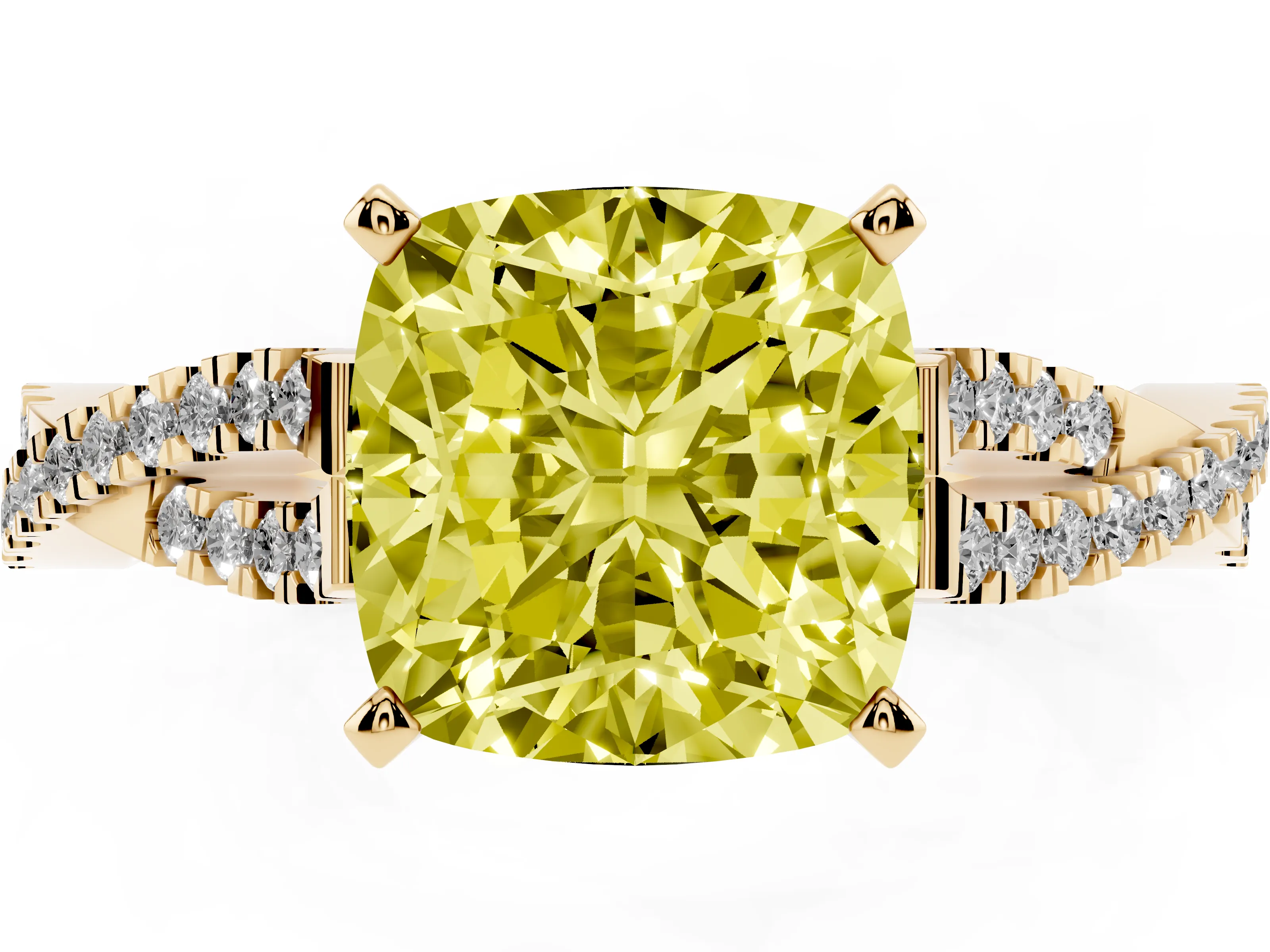 Fancy Yellow Cushion Cut Diamond Solitaire Engagement Ring Set in Yellow gold with Twisted Pavé Band and Prong Setting