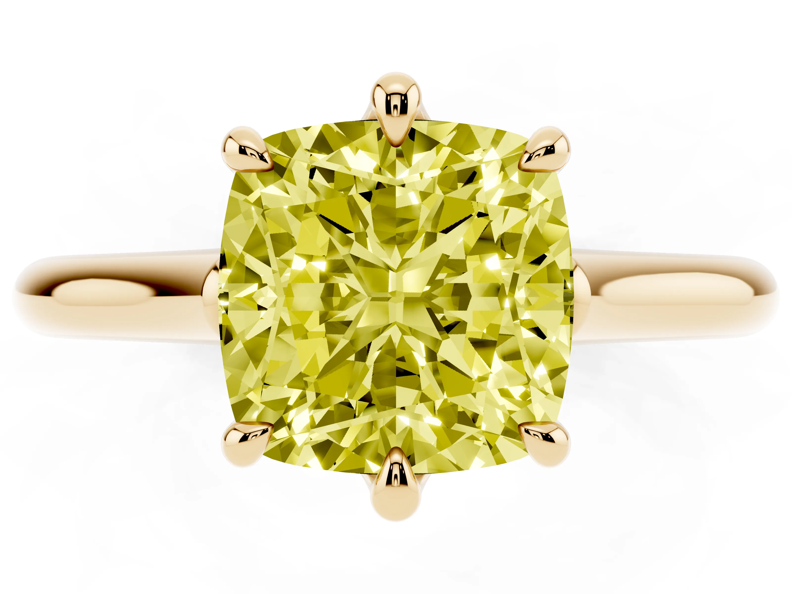 Fancy Yellow Cushion Cut Diamond Solitaire Engagement Ring Set in Yellow gold with Prong Setting and Plain Classic Band