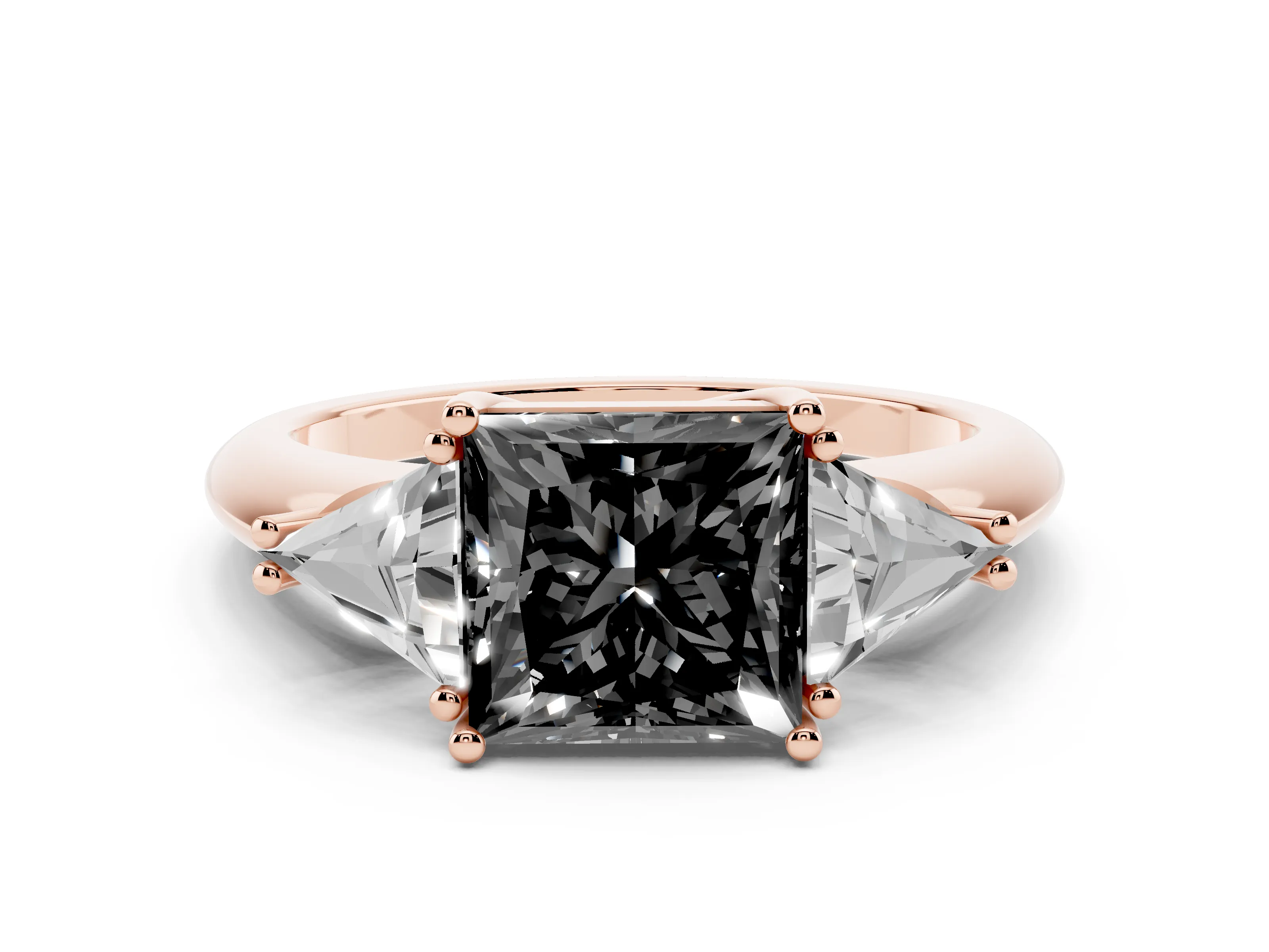 Fancy Black Princess Cut Diamond Three-Stone Engagement Ring Set in Rose gold with Trillion Side Stones