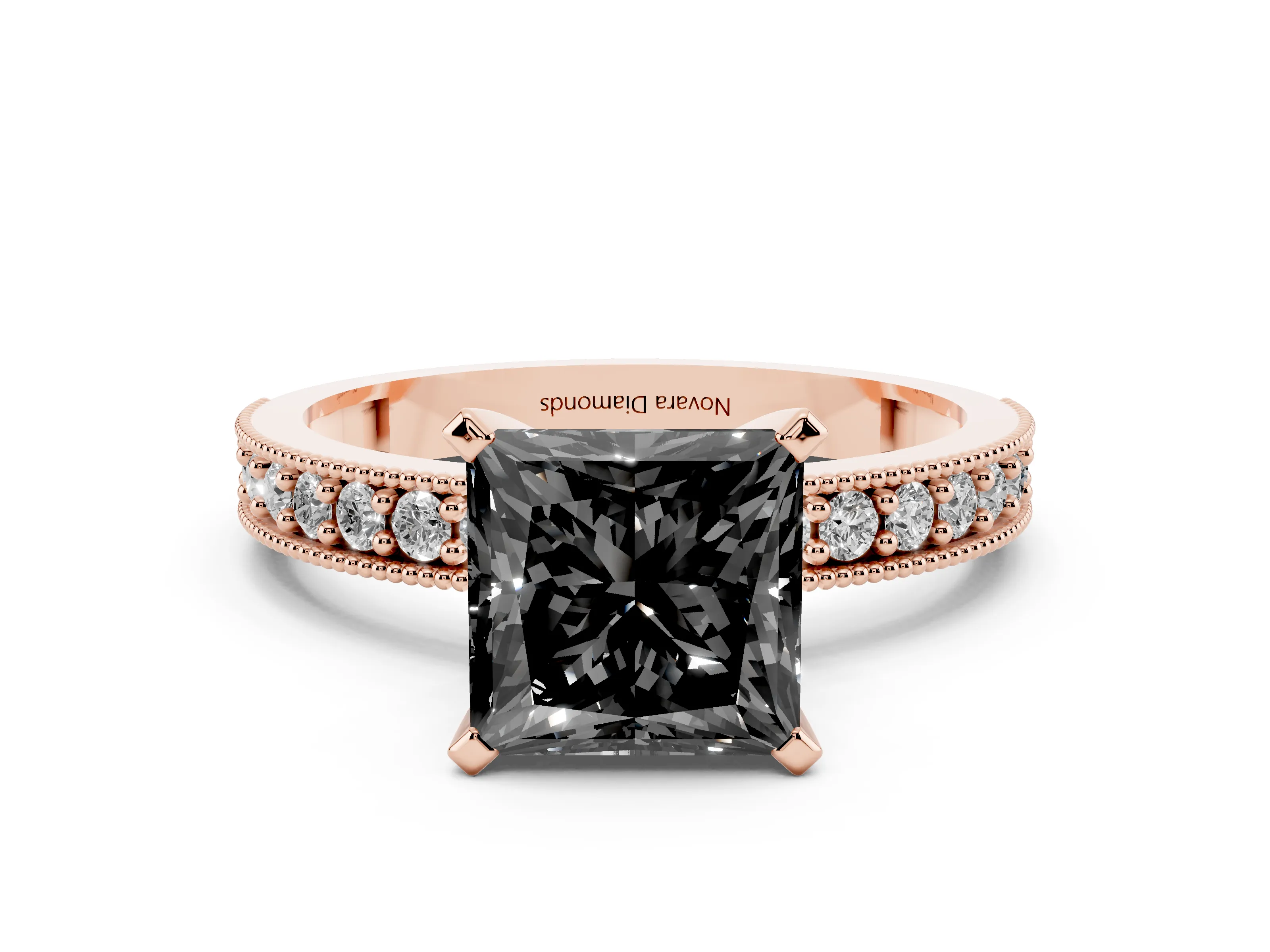 Fancy Black Princess Cut Diamond Milgrain Pavé Engagement Ring Set in Rose gold with Prong Setting