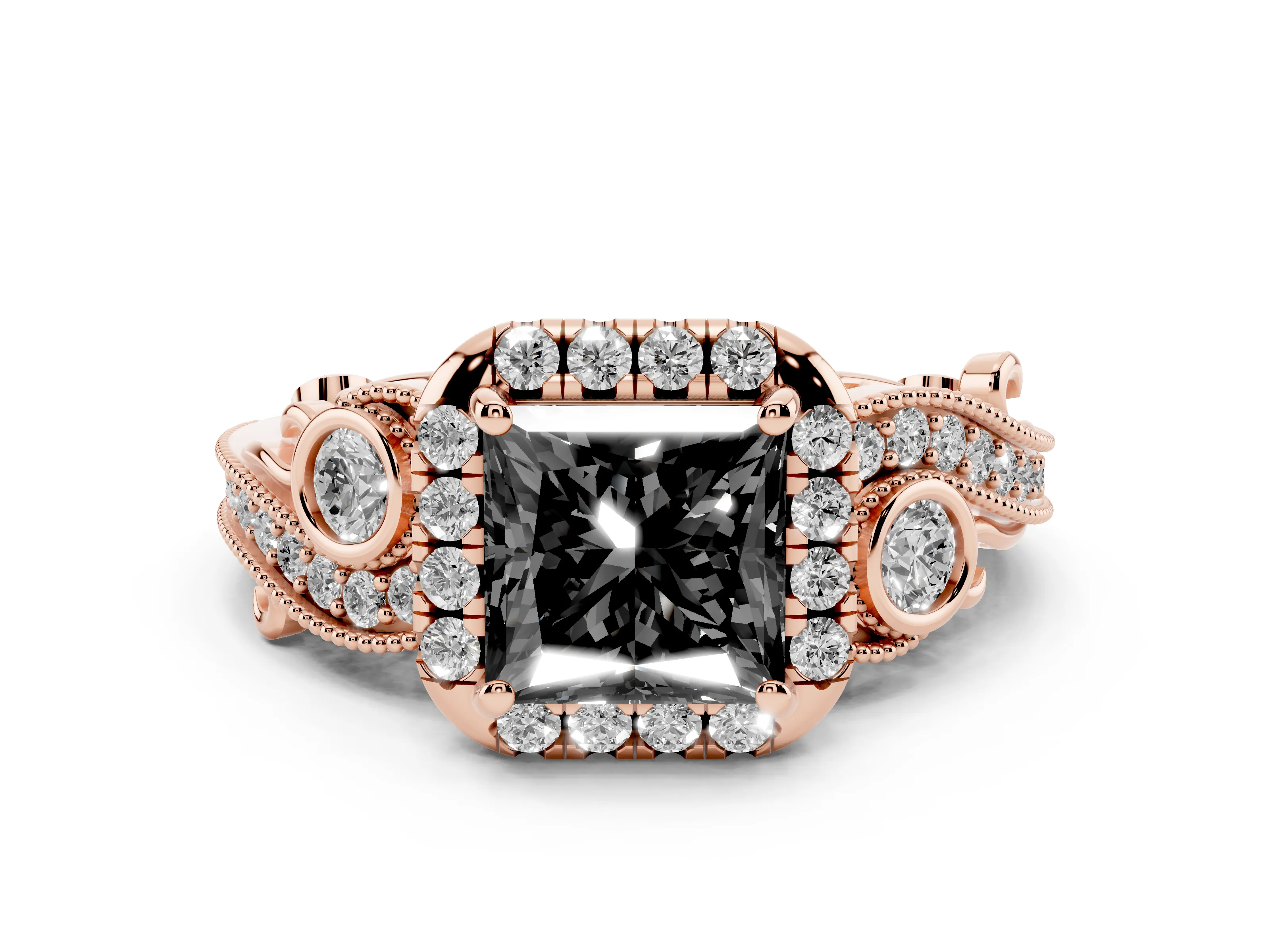 Fancy Black Princess Cut Diamond Halo Split Shank Ring Set in Rose gold with Milgrain and Bezel Accents