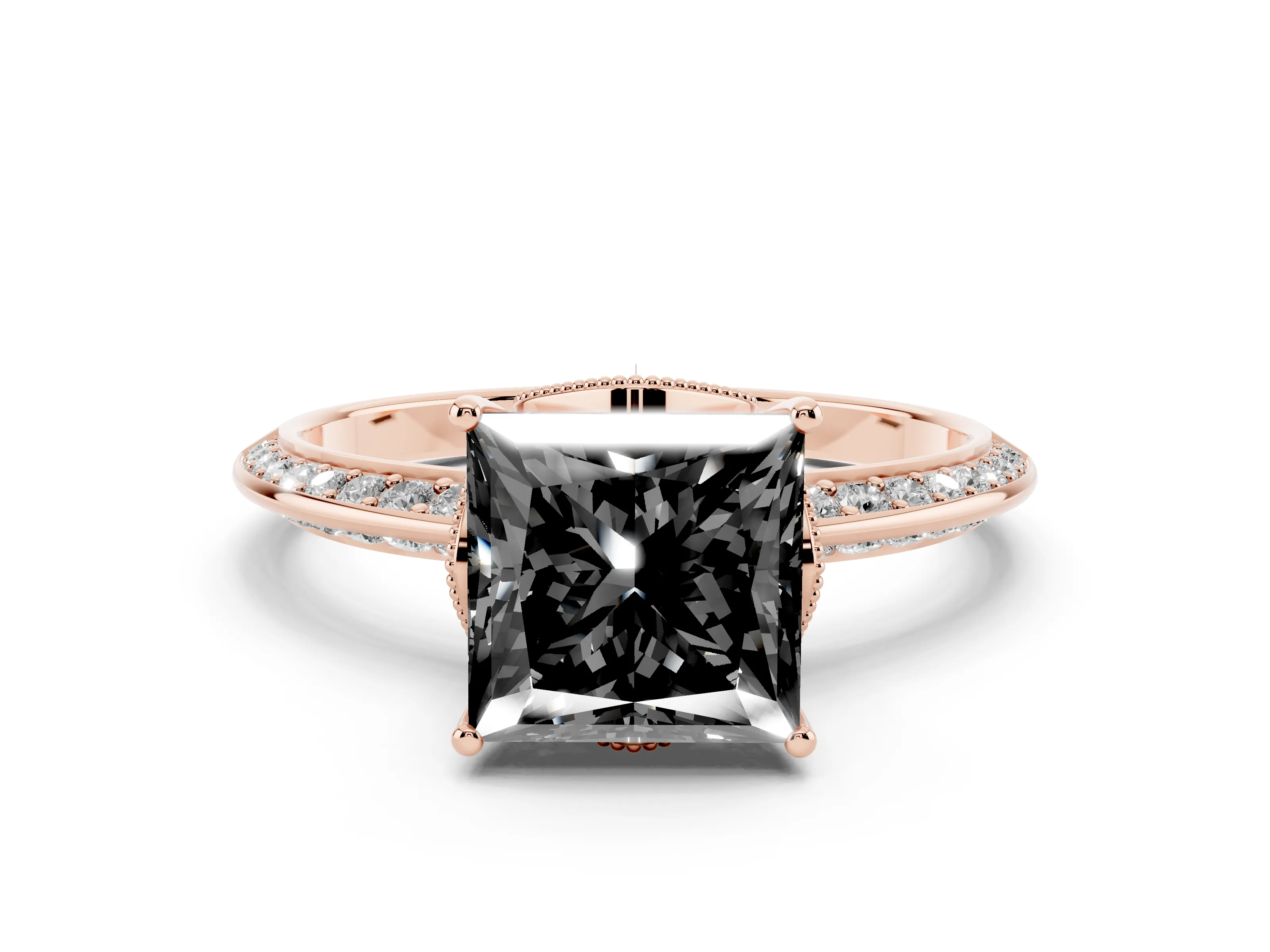Fancy Black Princess Cut Diamond Solitaire Engagement Ring Set in Rose gold with Pavé Split Shank and Prong Setting