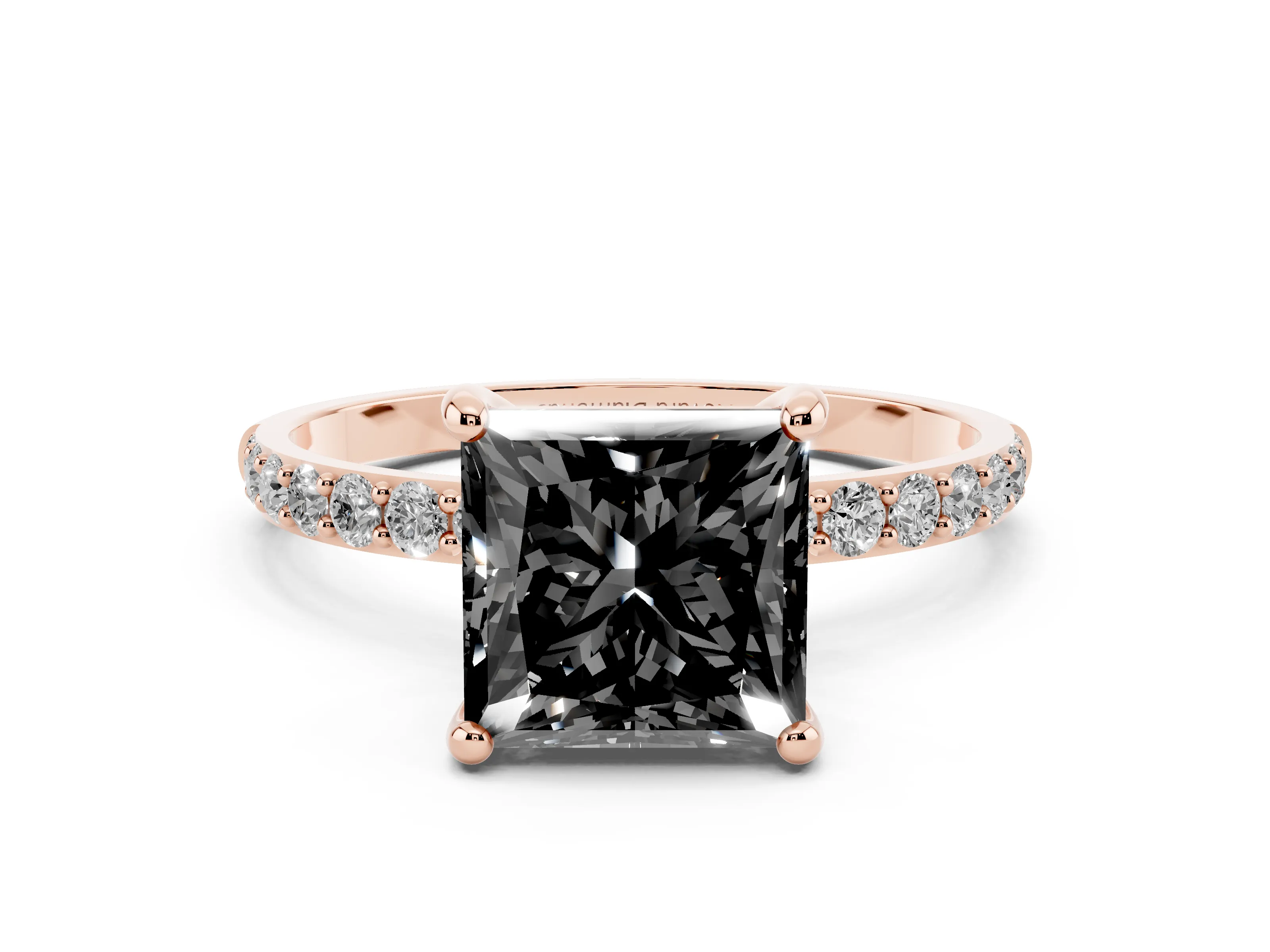 Fancy Black Princess Cut Diamond Solitaire Ring Set in Rose gold with Round Pavé Band and Prong Setting