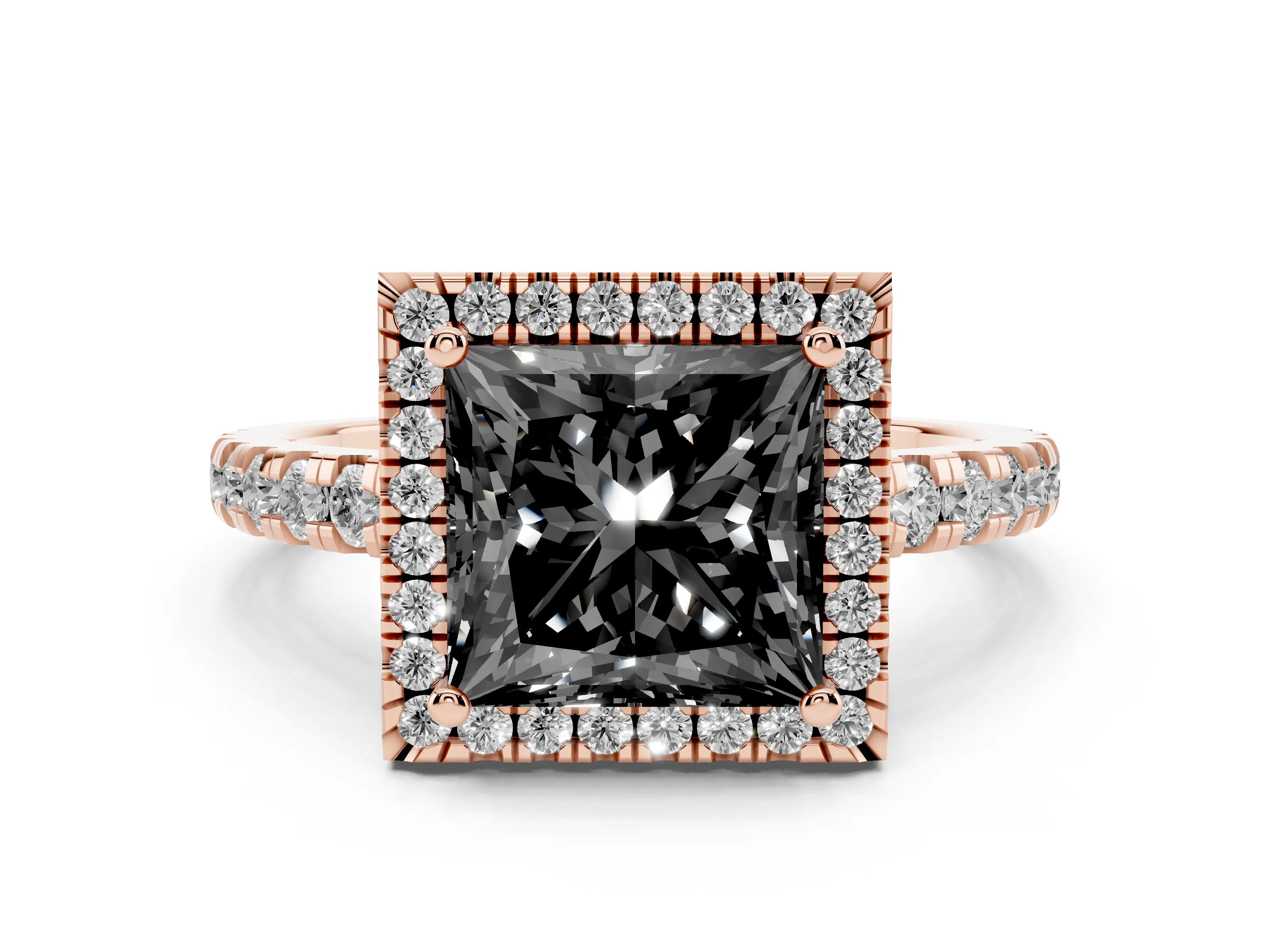 Fancy Black Princess Cut Diamond Halo Ring Set in Rose gold with Delicate Pavé Band and Prong Setting