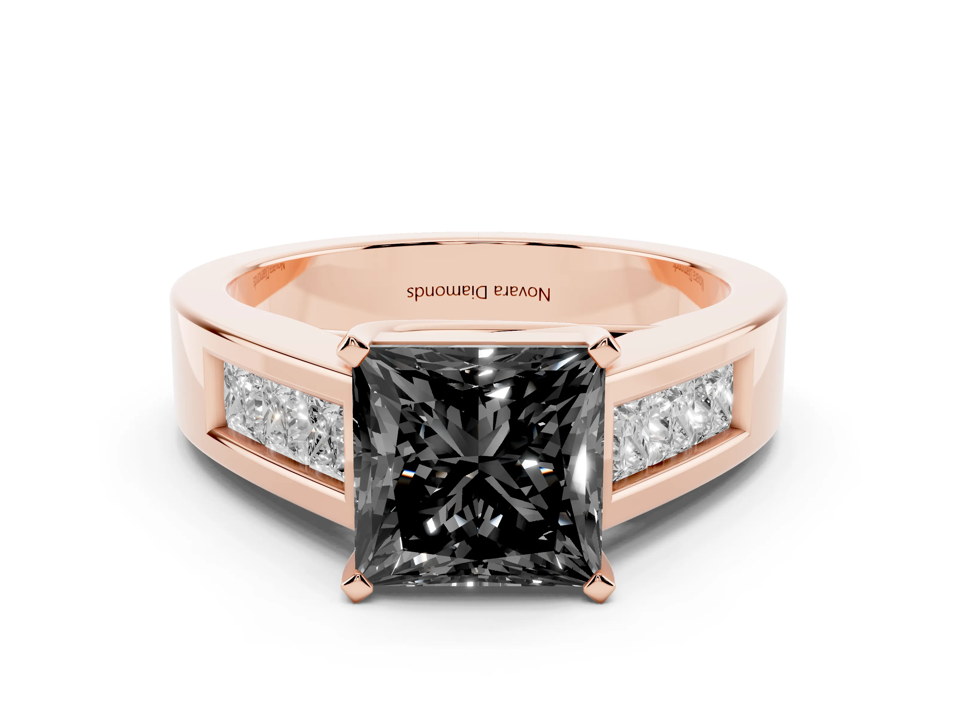 Fancy Black Princess Cut Diamond Solitaire Ring Set in Rose gold with Channel-Set Accent Stones and Prong Setting