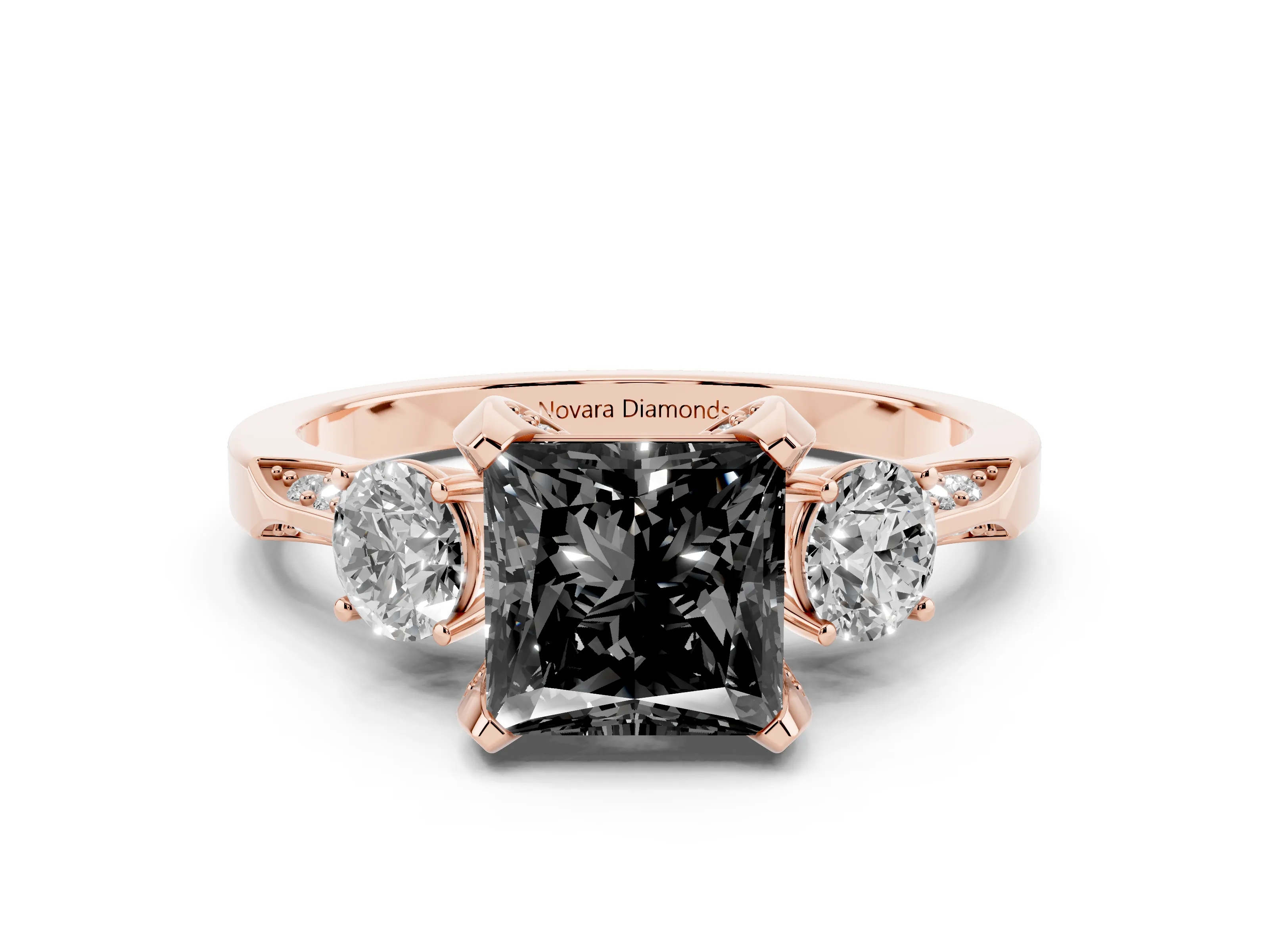 Fancy Black Princess Cut Diamond Three-Stone Ring Set in Rose gold with Pavé Band and Smaller Side Stones
