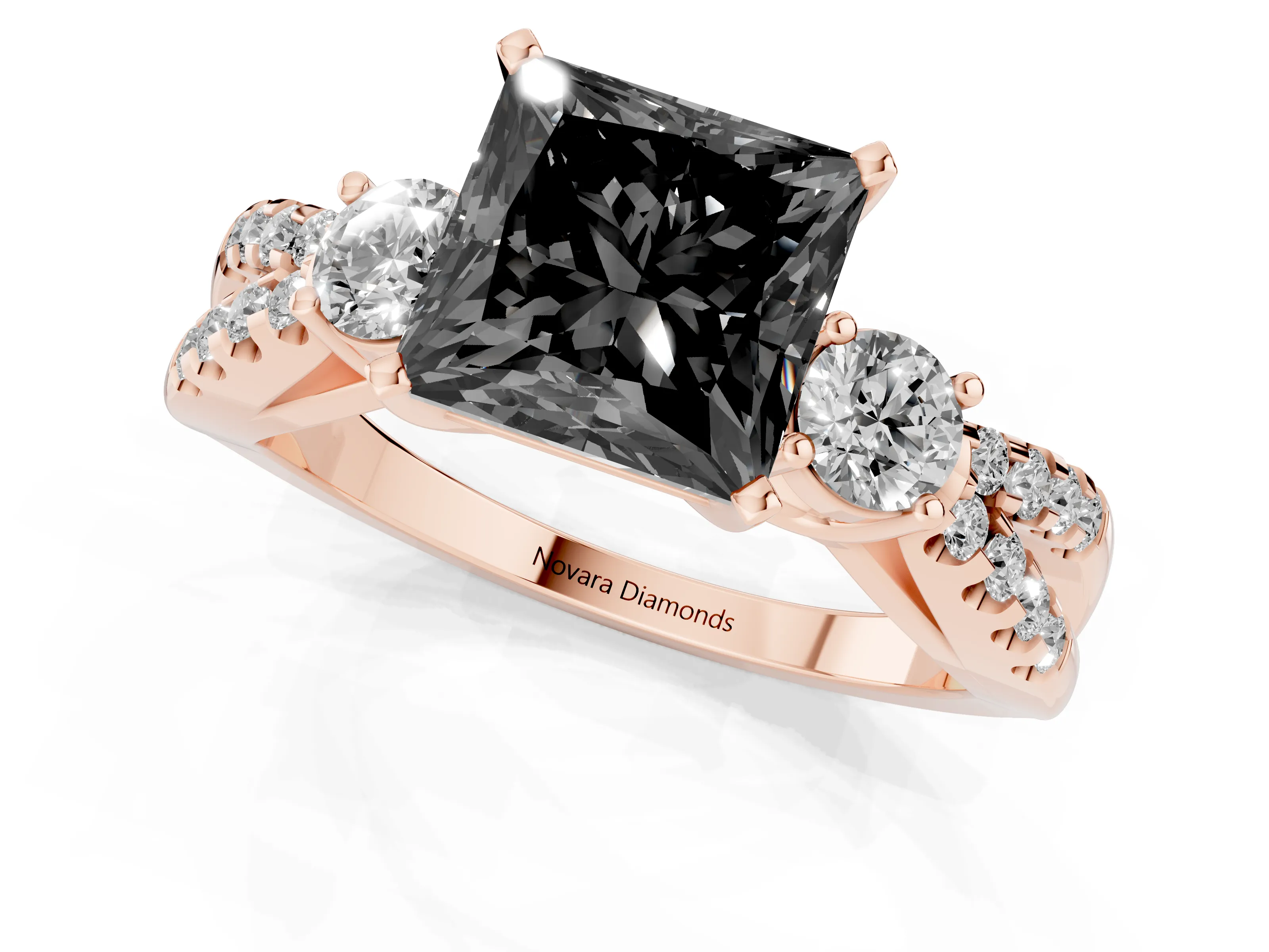 Fancy Black Princess Cut Diamond Three-Stone Ring Set in Rose gold with Pavé Split Shank and Prong Setting