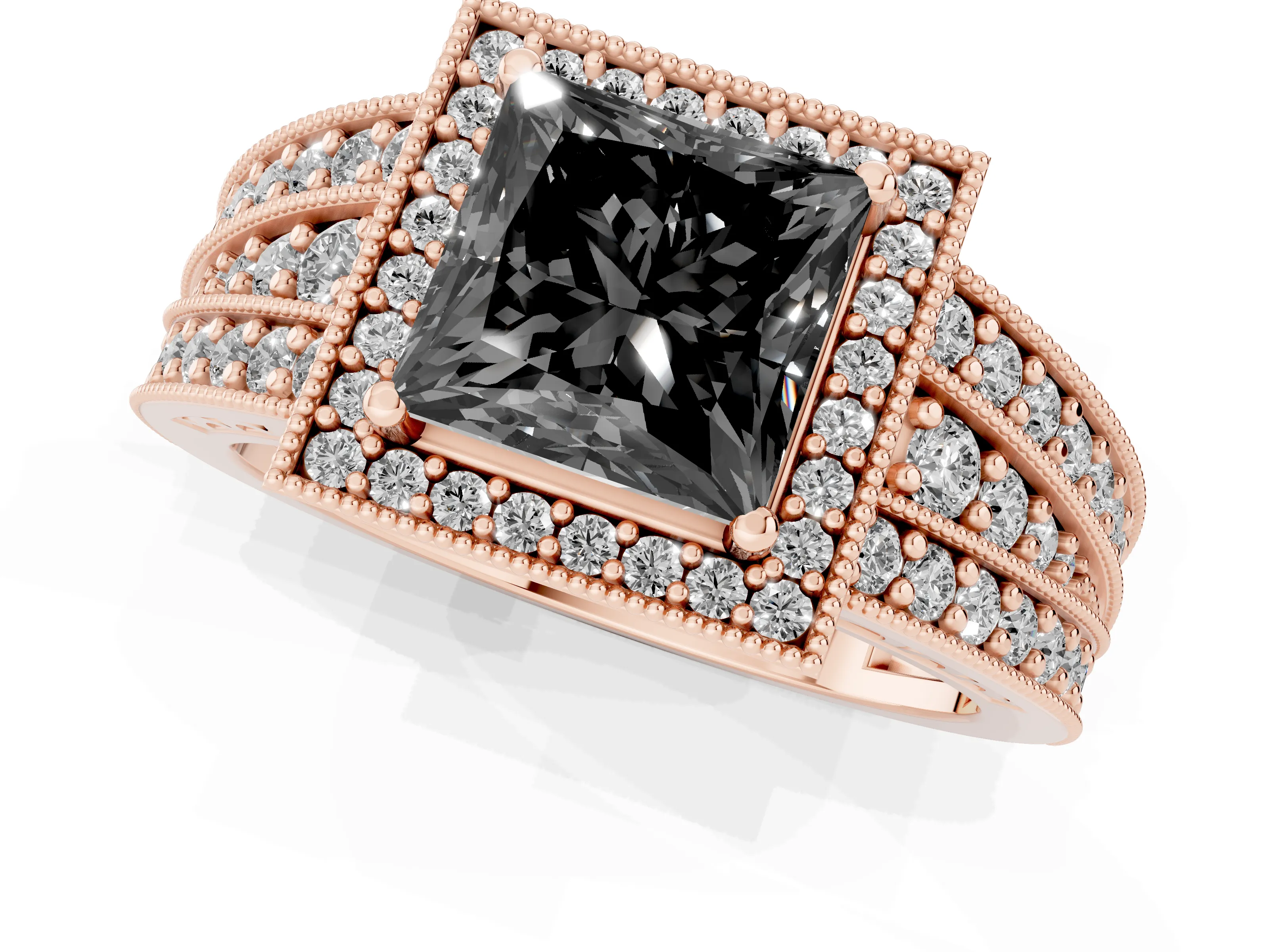 Fancy Black Princess Cut Diamond Halo Ring Set in Rose gold with Accent Split Shank and Prong Setting