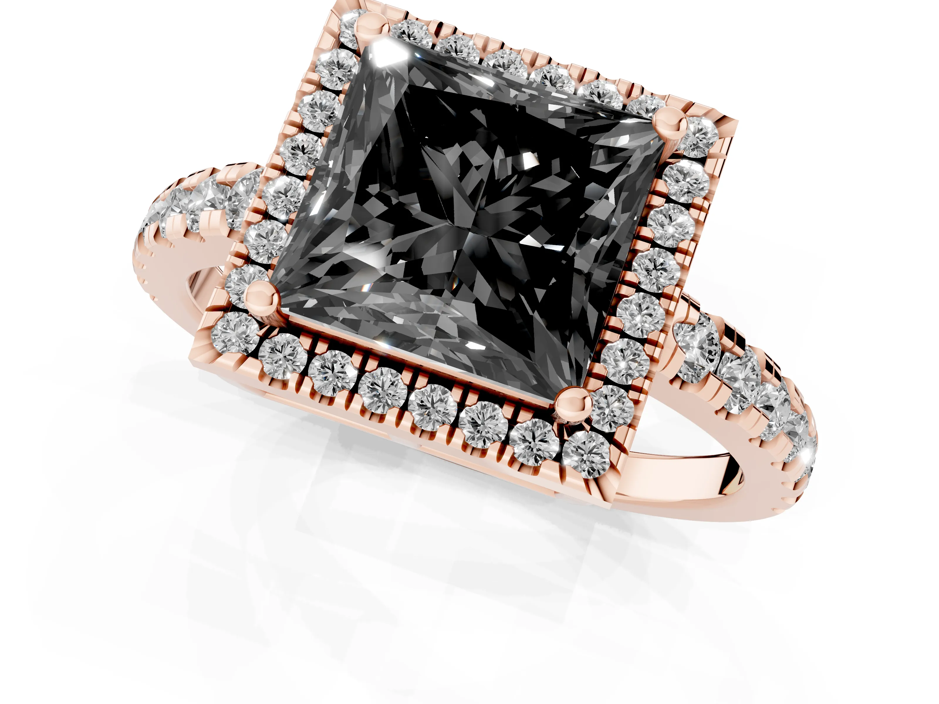 Fancy Black Princess Cut Diamond Halo Ring Set in Rose gold with Delicate Pavé Band and Prong Setting