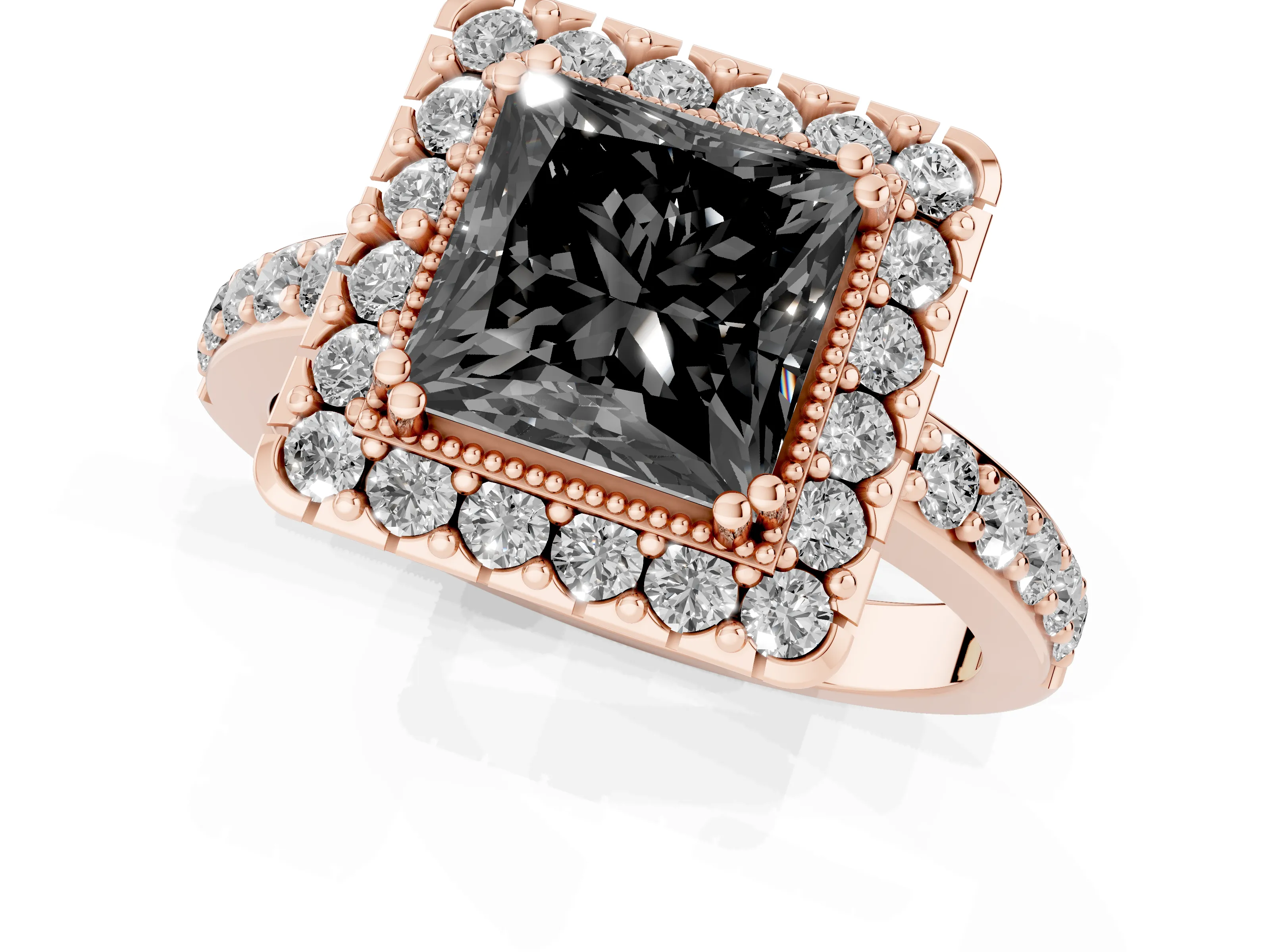 Fancy Black Princess Cut Diamond Halo Ring Set in Rose gold with Pavé Shank and Prong Setting