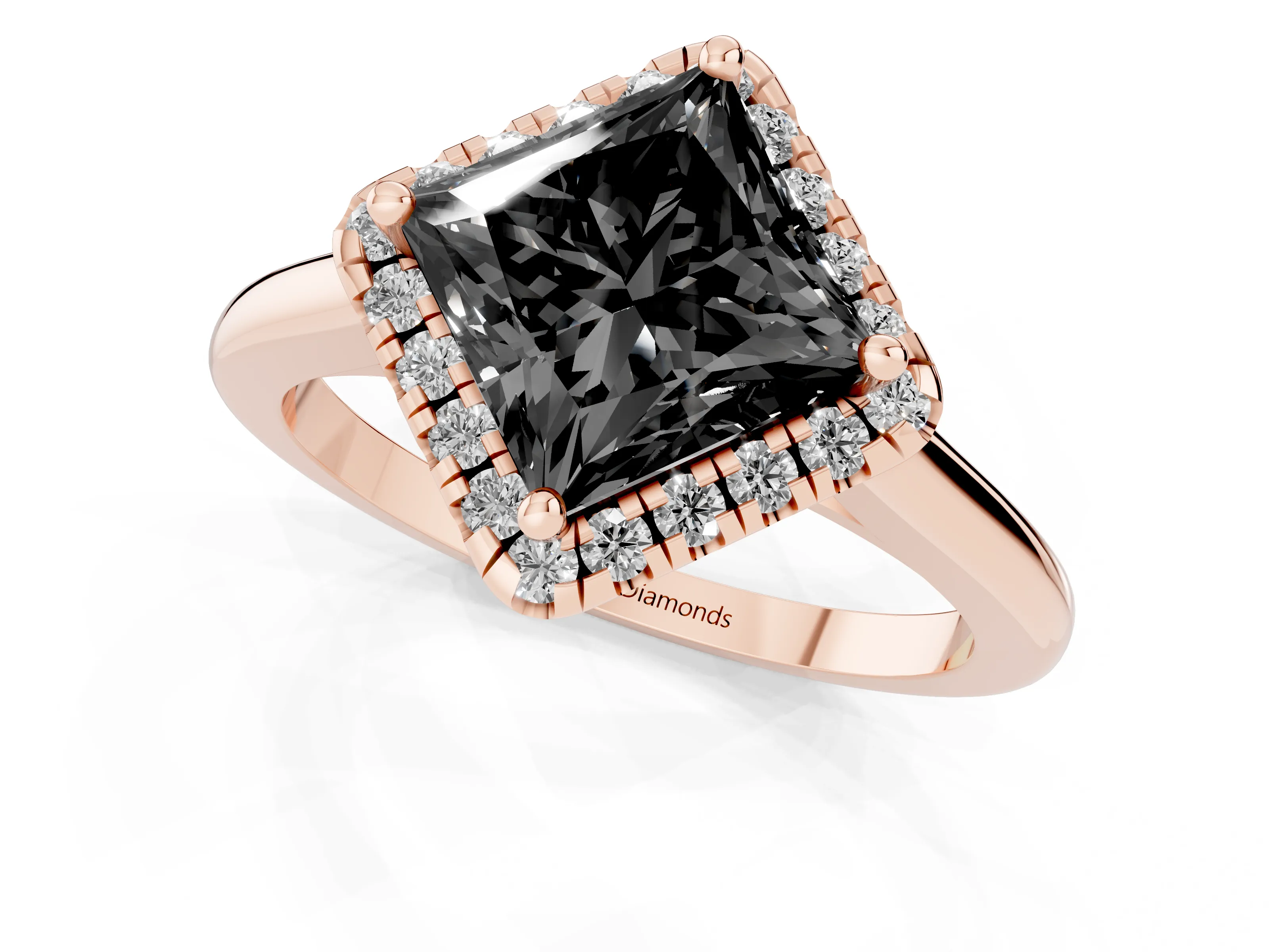 Fancy Black Princess Cut Diamond Halo Engagement Ring Set in Rose gold with Pavé Band and Rising Shoulders