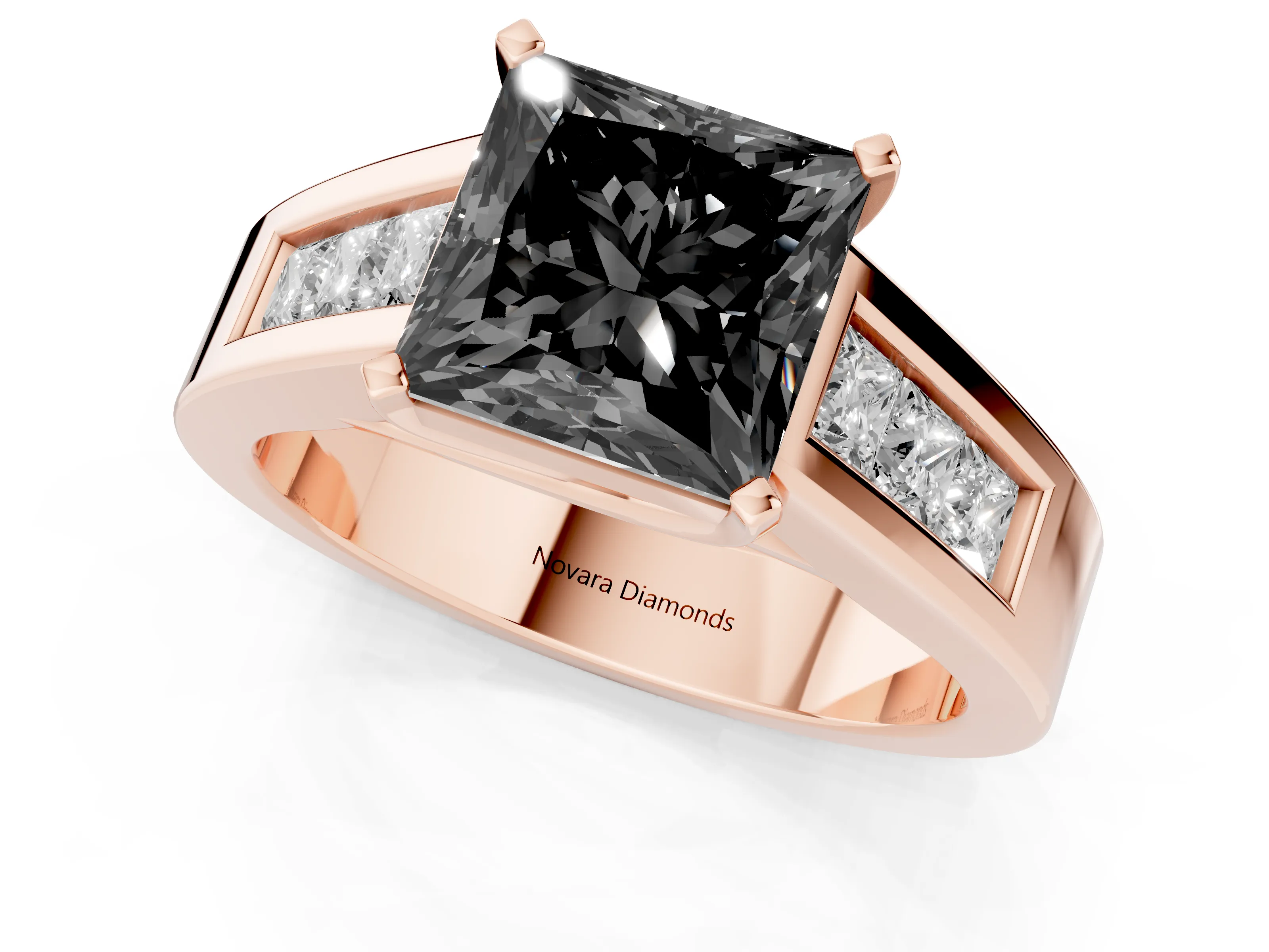 Fancy Black Princess Cut Diamond Solitaire Ring Set in Rose gold with Channel-Set Accent Stones and Prong Setting