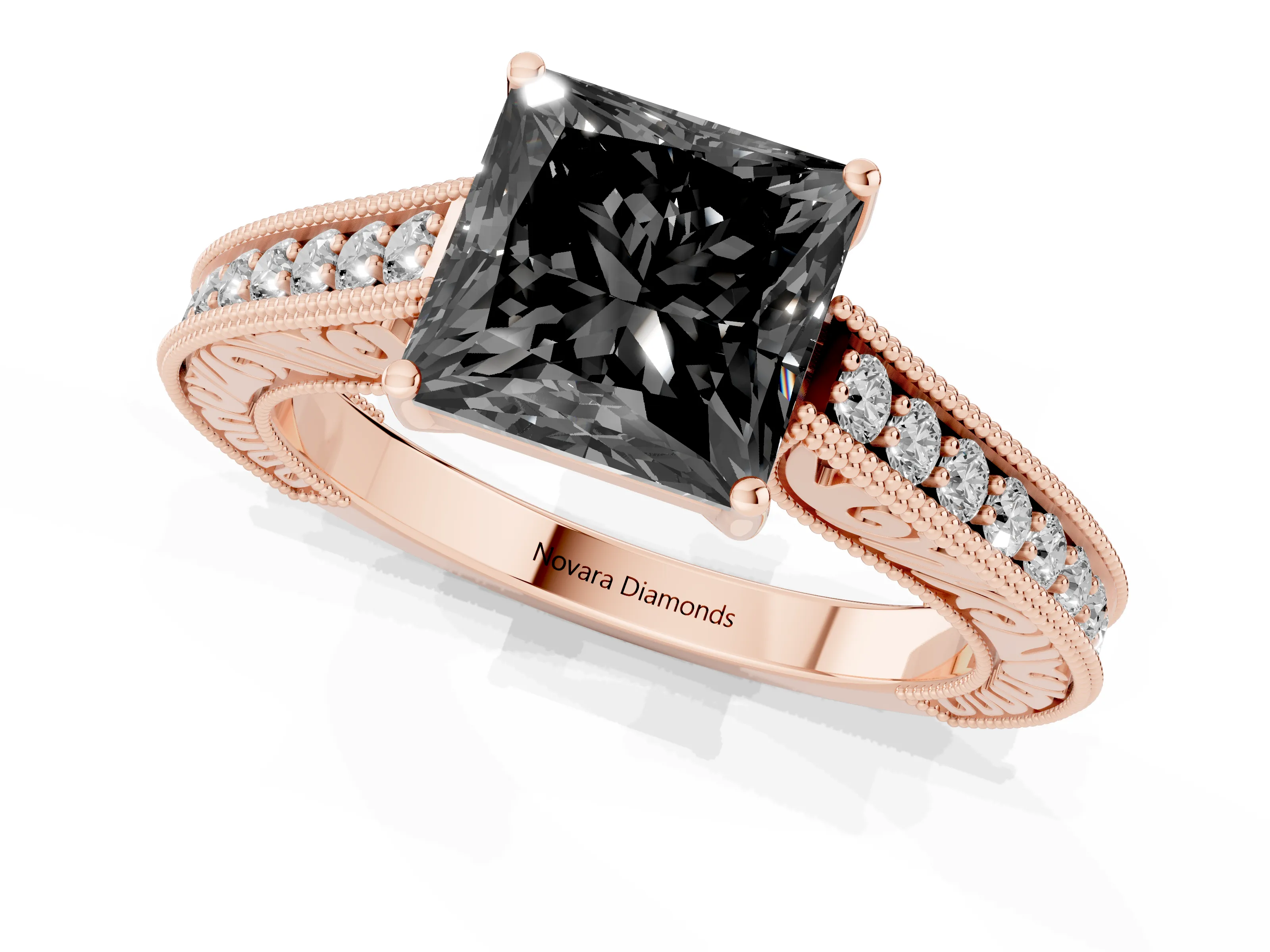 Fancy Black Princess Cut Diamond Milgrain Pavé Band Solitaire Ring Set in Rose gold with Prong Setting