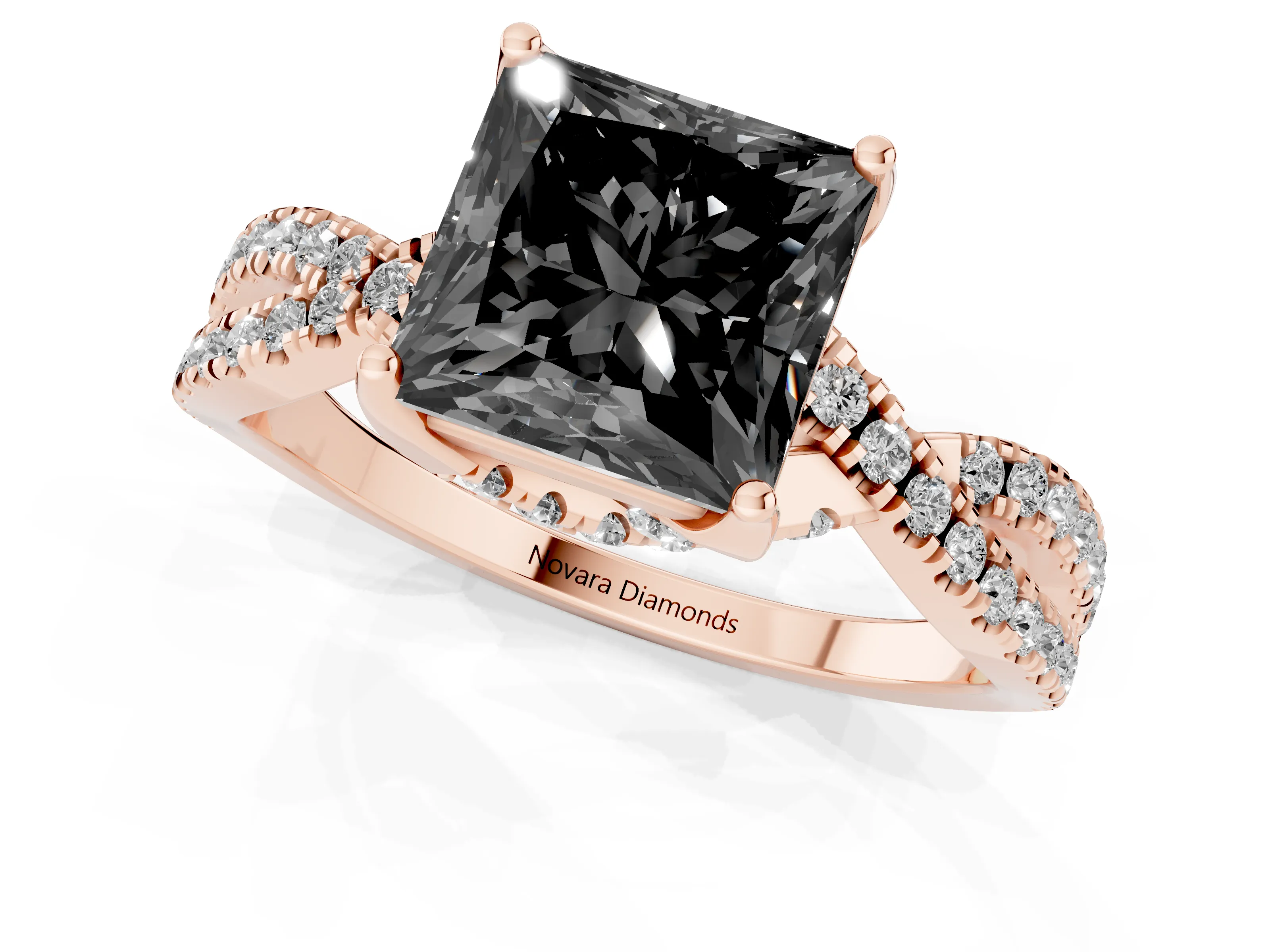 Fancy Black Princess Cut Diamond Twist Pavé Solitaire Engagement Ring Set in Rose gold with Prong Setting