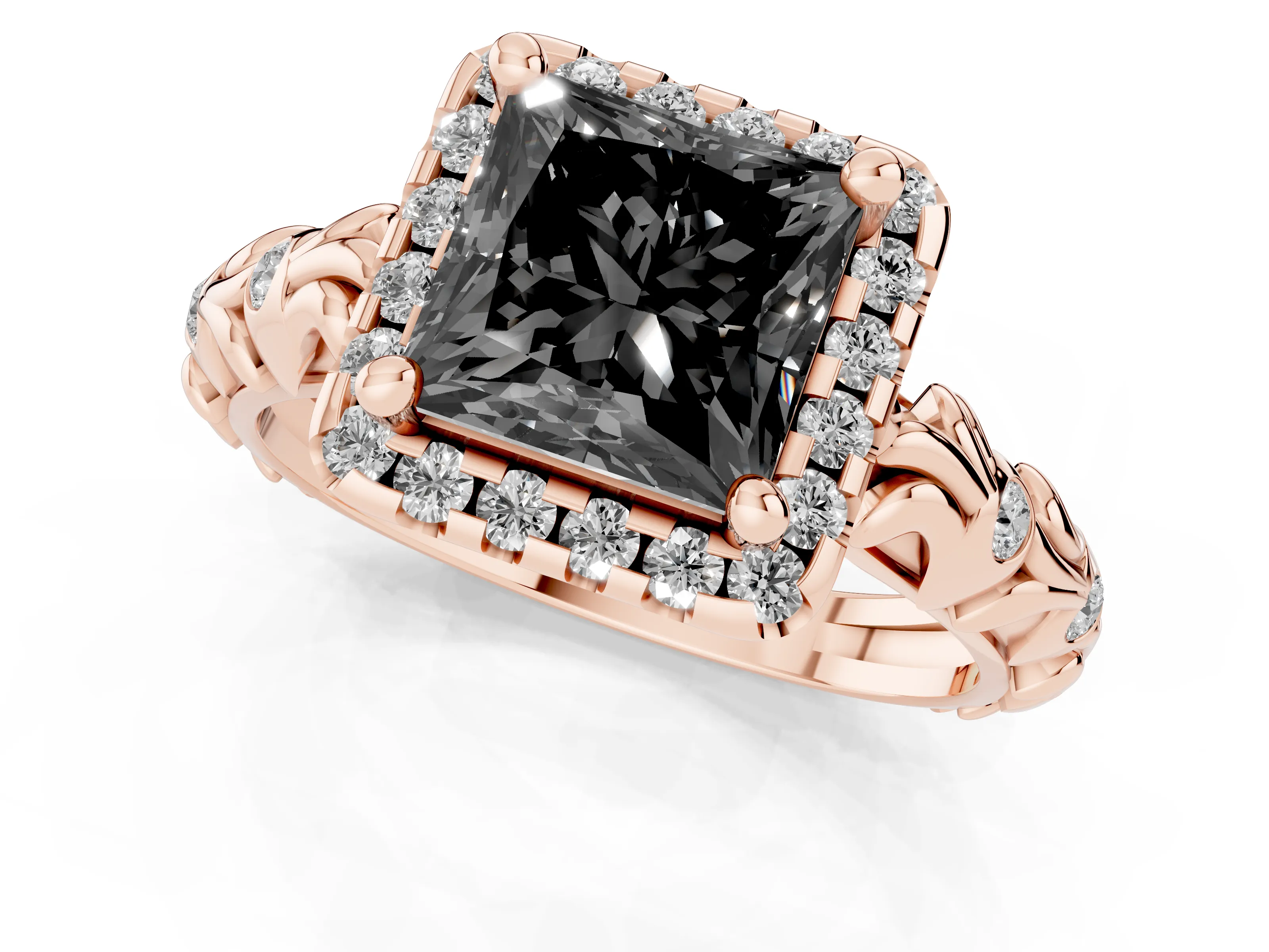Fancy Black Princess Cut Diamond Halo Ring Set in Rose gold with Filigree Leaf Band and Prong Setting