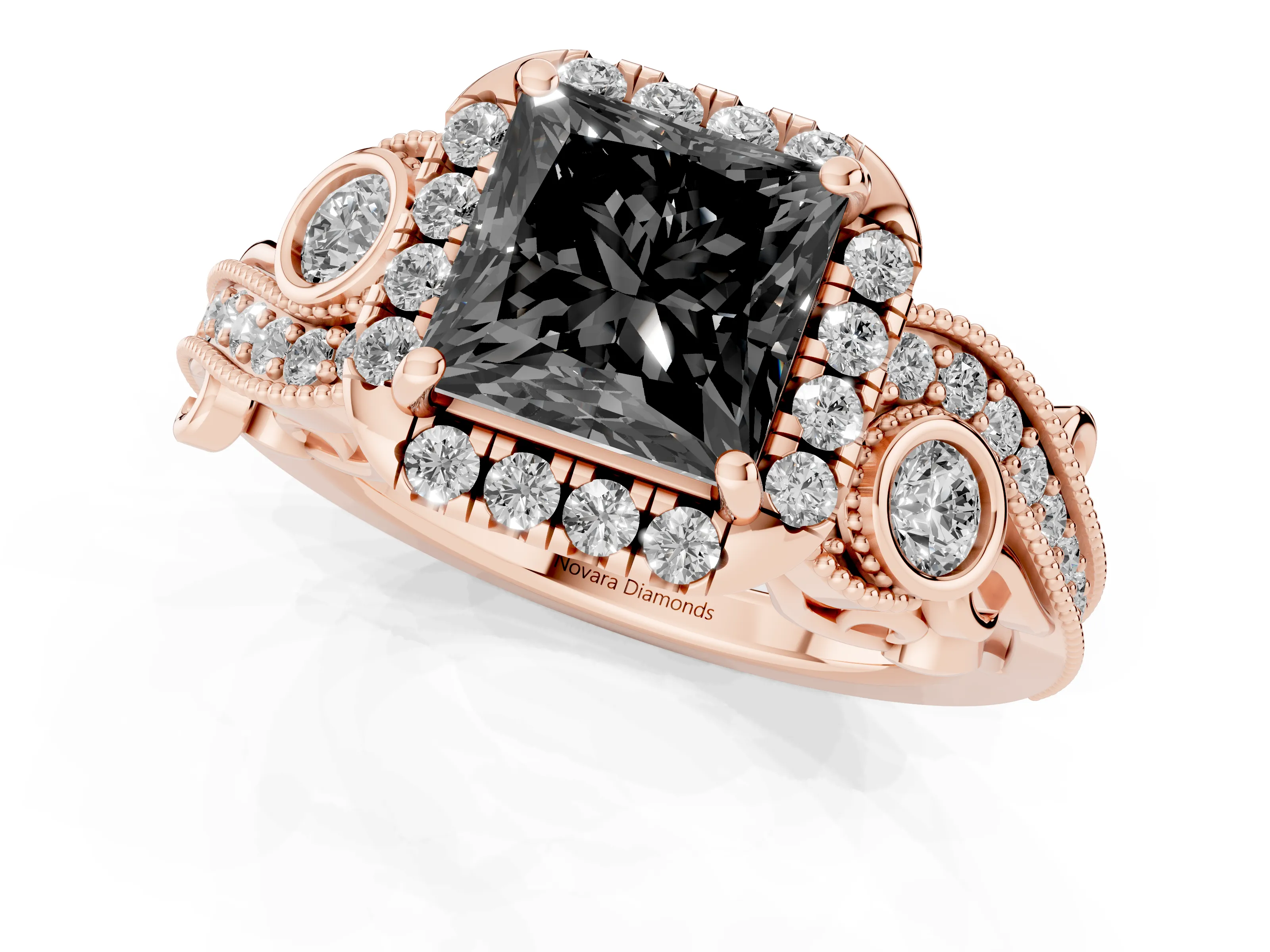 Fancy Black Princess Cut Diamond Halo Split Shank Ring Set in Rose gold with Milgrain and Bezel Accents