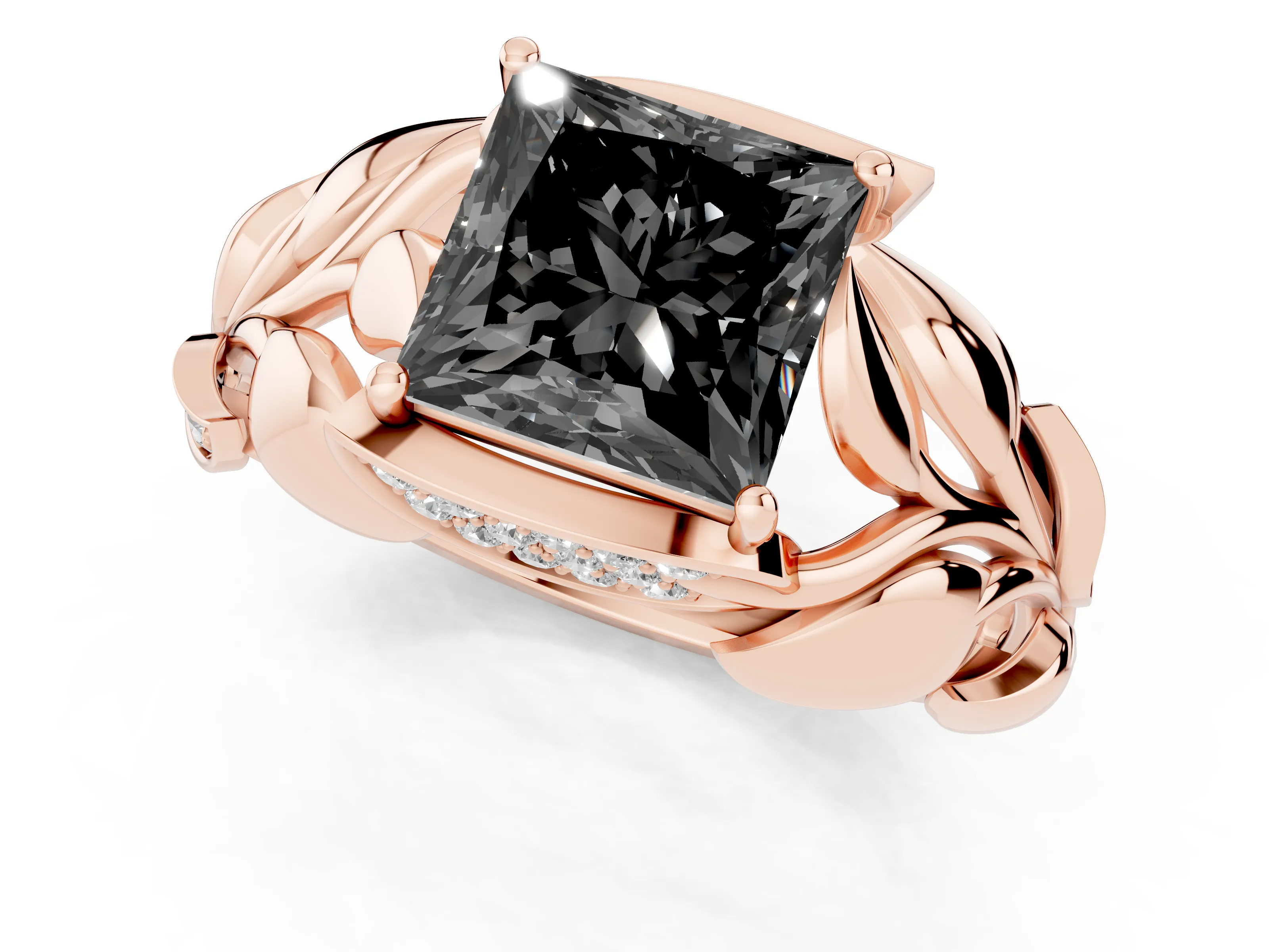 Fancy Black Princess Cut Diamond Leaf-Inspired Engagement Ring Set in Rose gold with Round Accents
