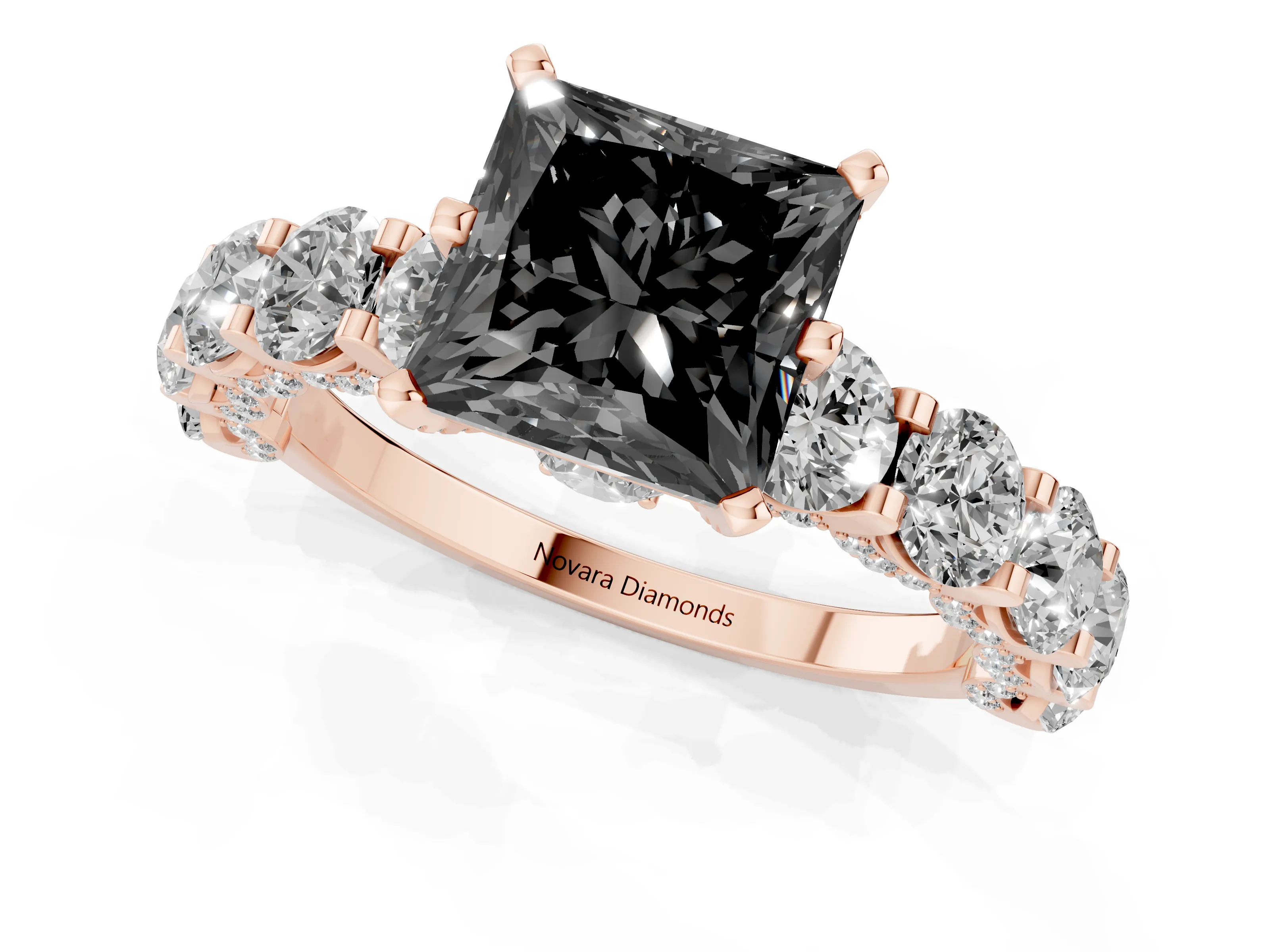 Fancy Black Princess Cut Diamond Side Stone Ring Set in Rose gold with Alternating Round and Oval Side Stones