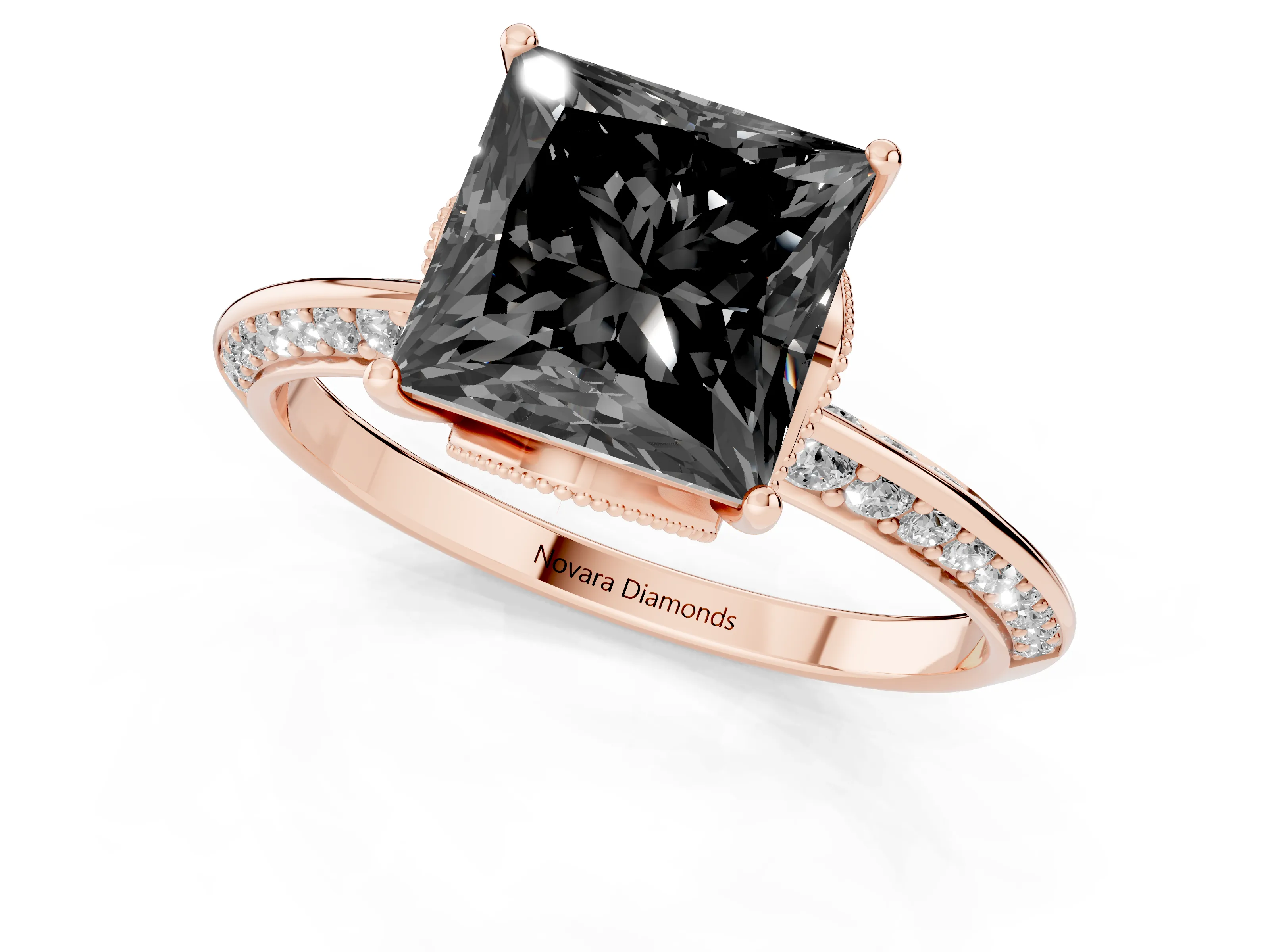Fancy Black Princess Cut Diamond Solitaire Engagement Ring Set in Rose gold with Pavé Split Shank and Prong Setting