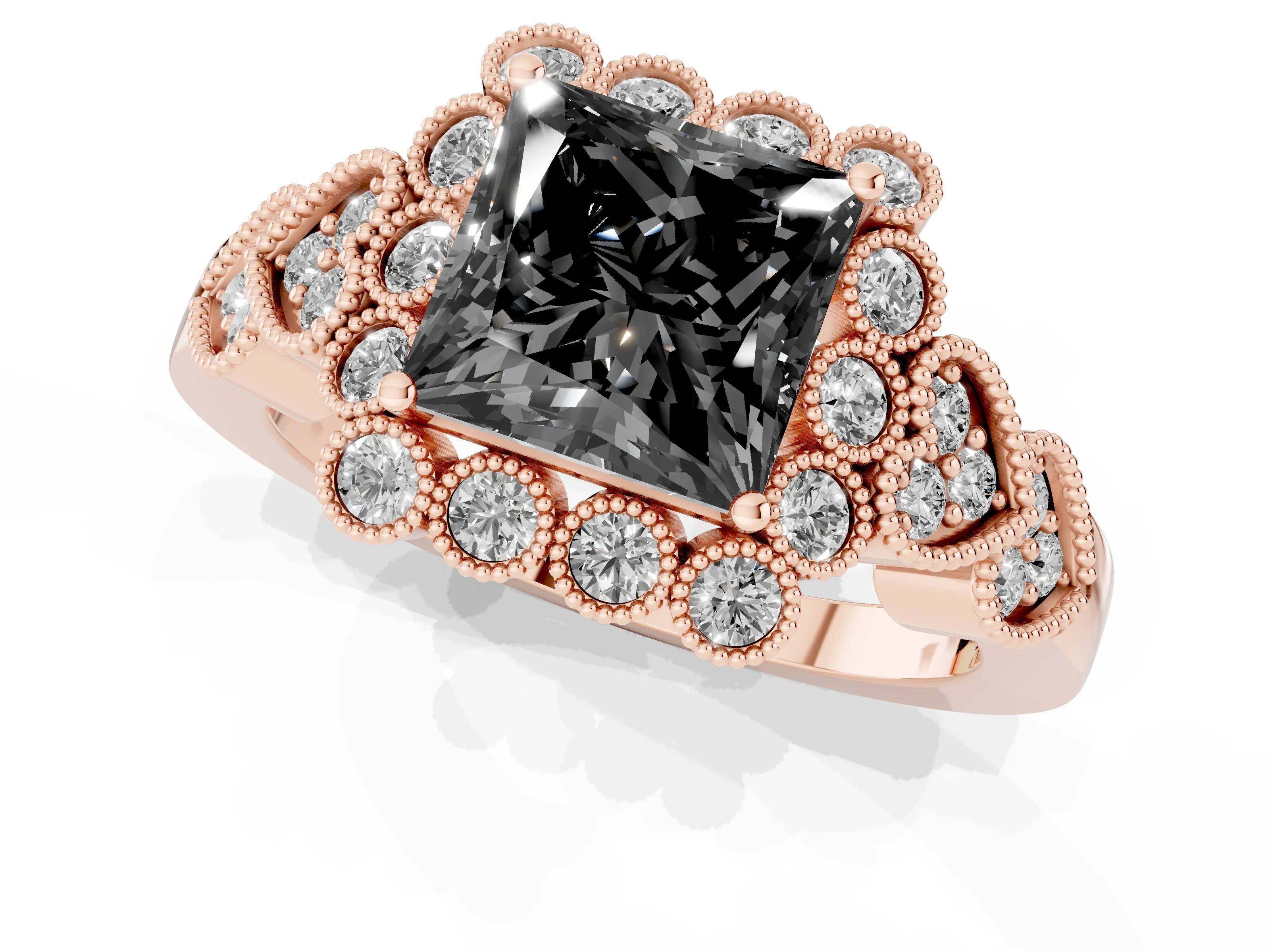 Fancy Black Princess Cut Diamond Solitaire Ring Set in Rose gold with Milgrain Pavé Heart Band